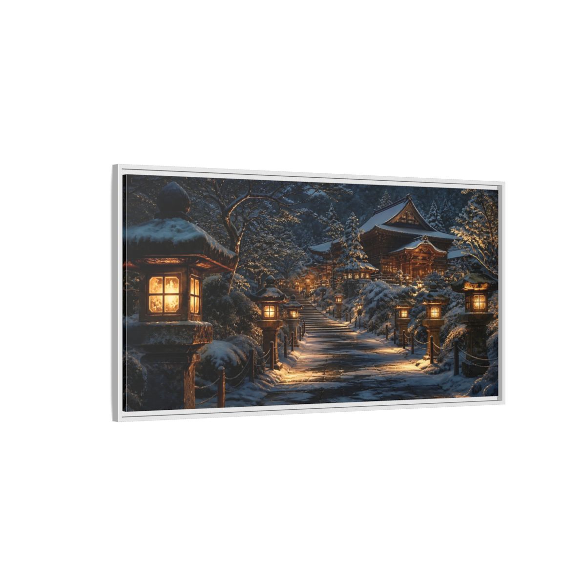 Side Mockup 3. Lantern-Lit Temple Path shown as framed canvas print