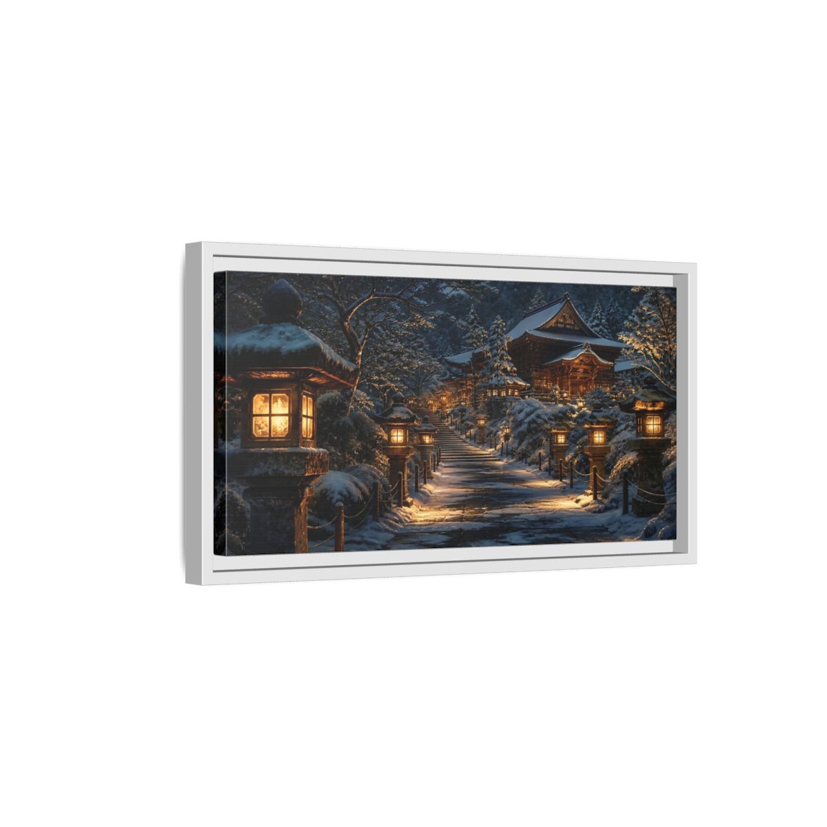 Side Mockup 6. Lantern-Lit Temple Path shown as framed canvas print