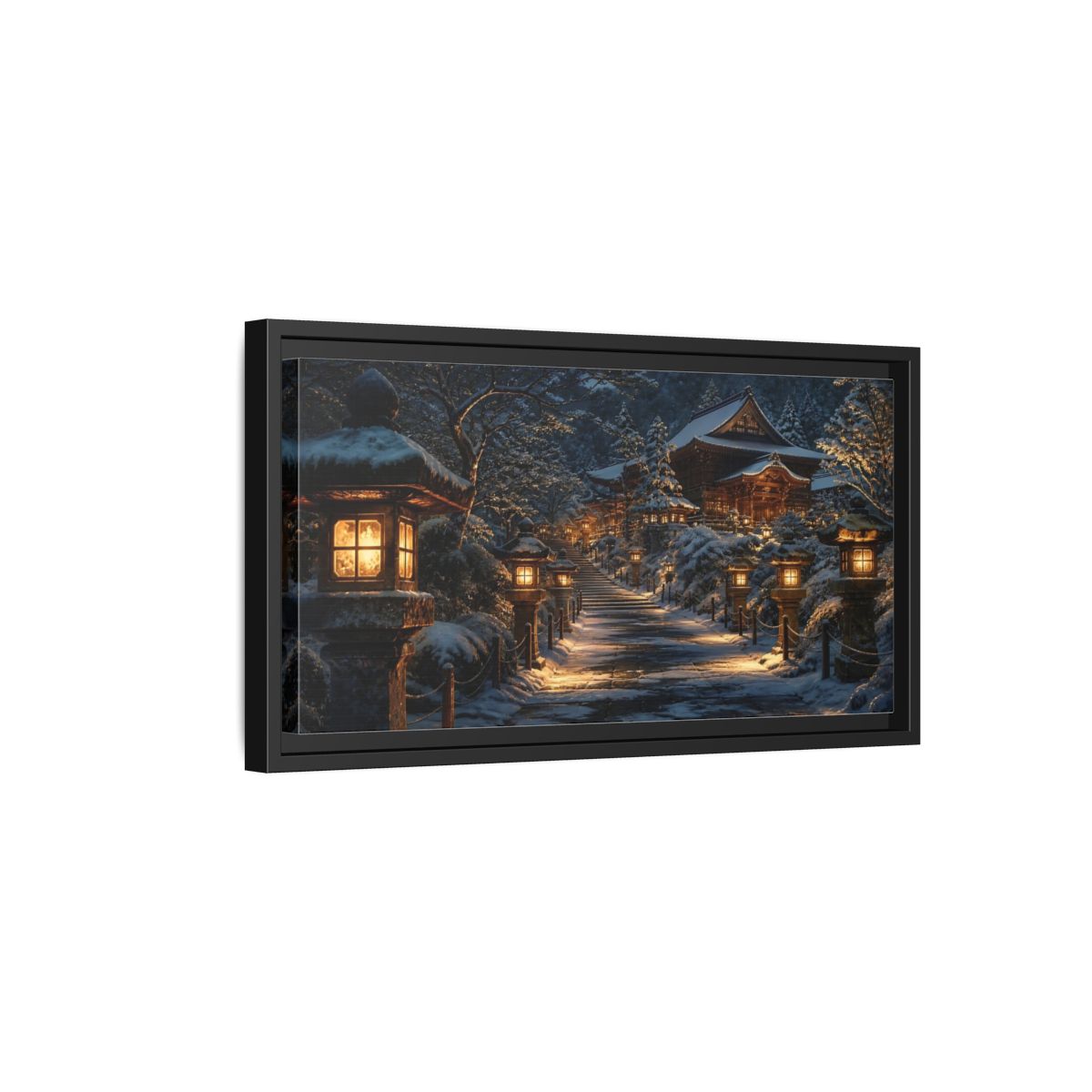 Side Mockup 8. Lantern-Lit Temple Path shown as framed canvas print