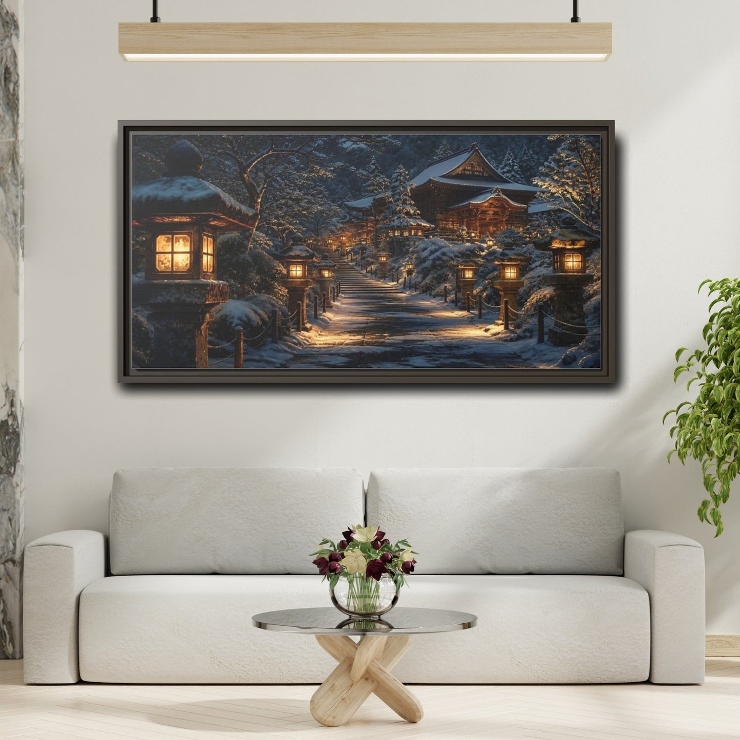 Mockup 2. Lantern-Lit Temple Path shown as framed canvas print