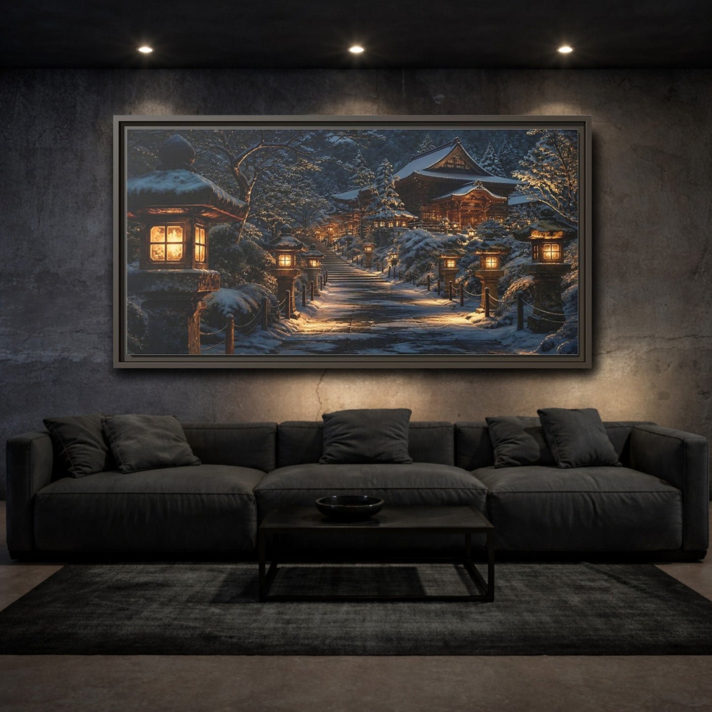 Mockup 3. Lantern-Lit Temple Path shown as framed canvas print