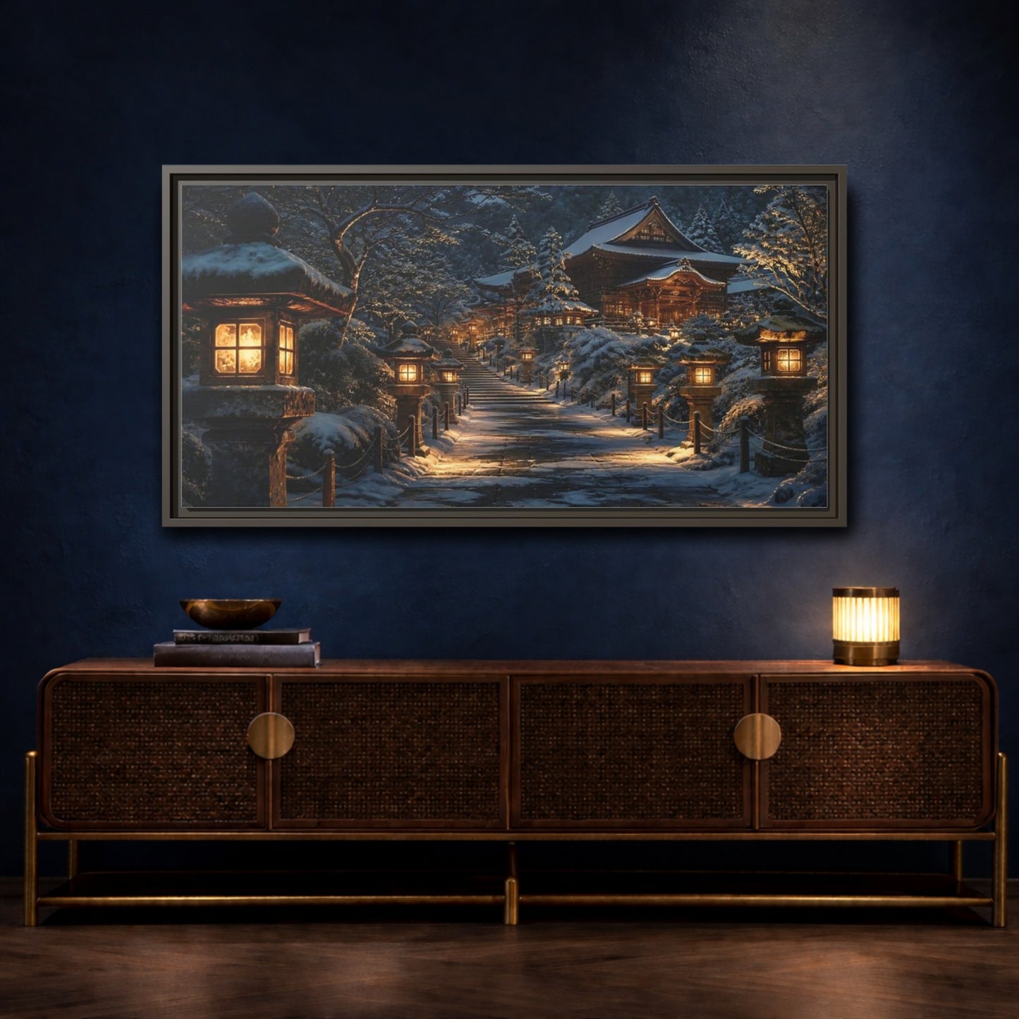 Mockup 4. Lantern-Lit Temple Path shown as framed canvas print