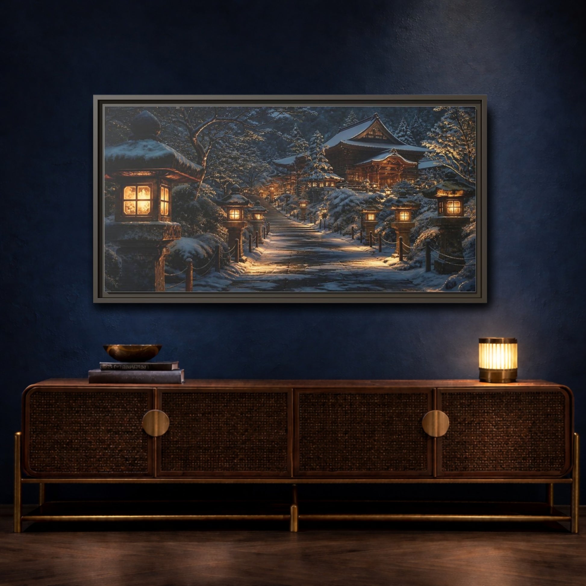 Mockup 4. Lantern-Lit Temple Path shown as framed canvas print
