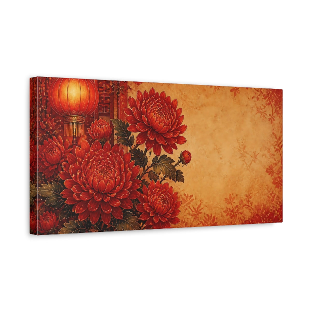 Side Mockup 3. Lantern & Red Chrysanthemums shown as canvas print