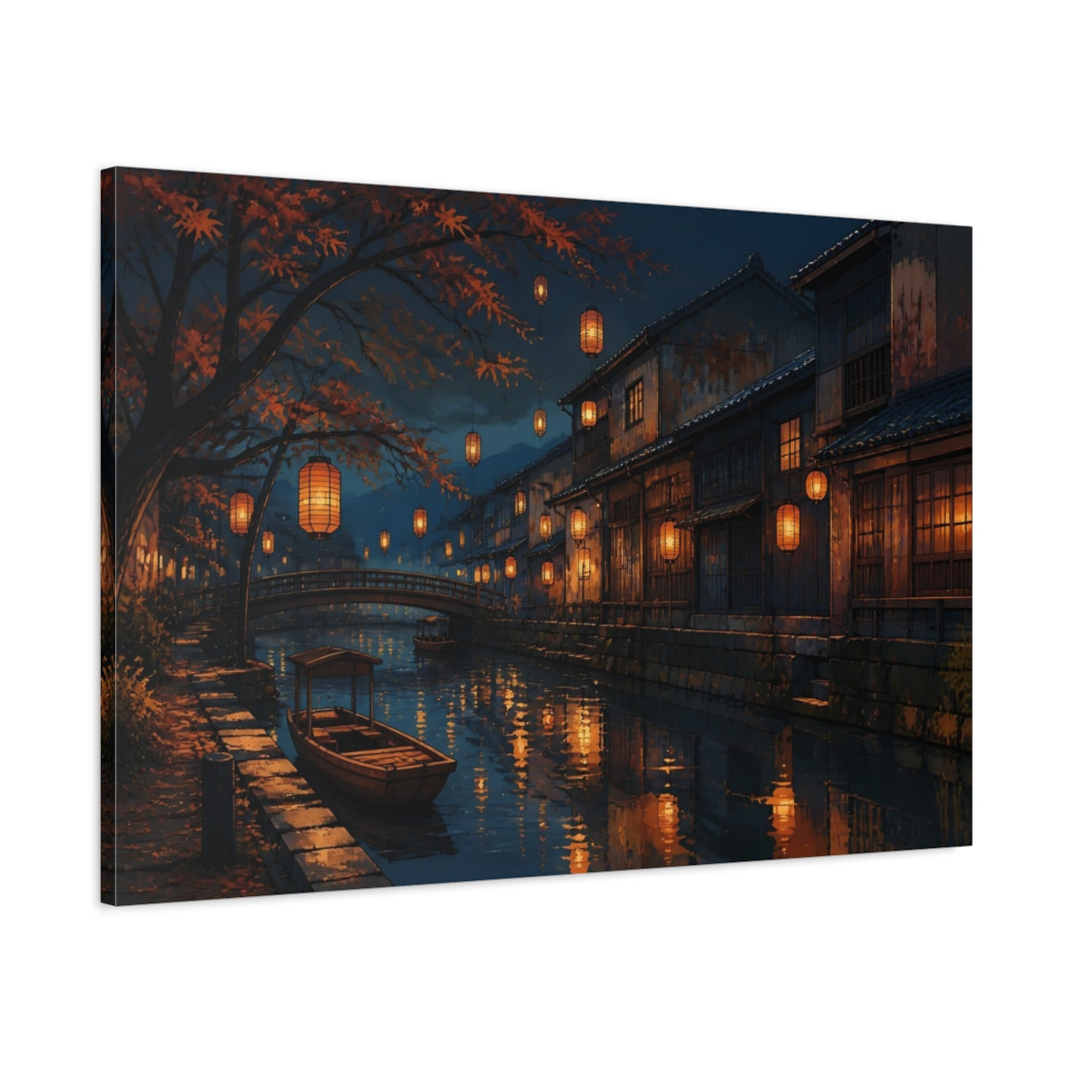 Main Mockup. Lanterns Over Quiet Canal shown as canvas print