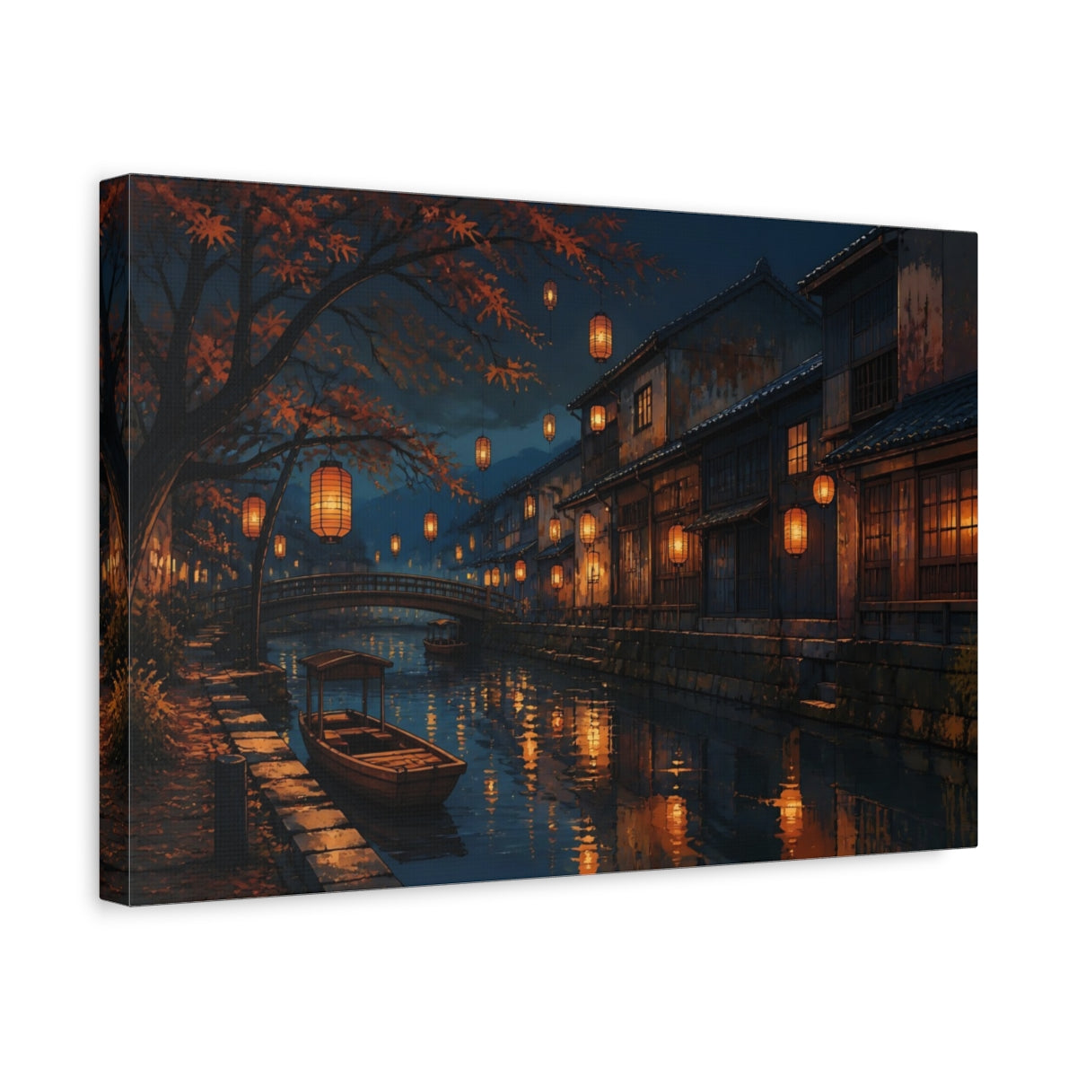 Side Mockup 4. Lanterns Over Quiet Canal shown as canvas print