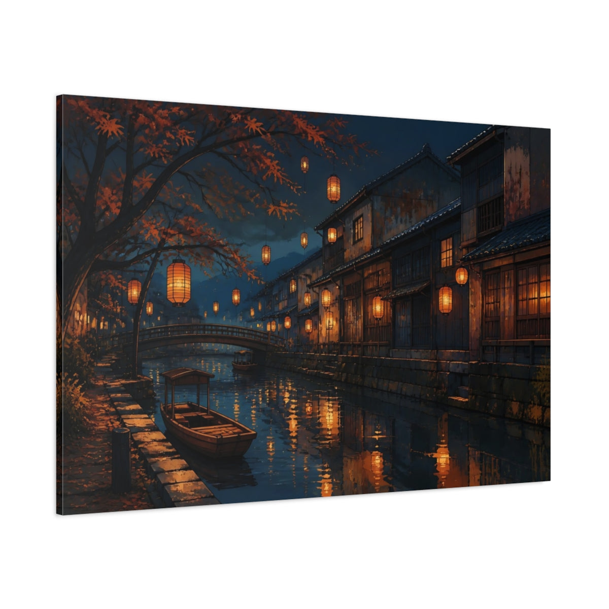 Side Mockup 1. Lanterns Over Quiet Canal shown as canvas print