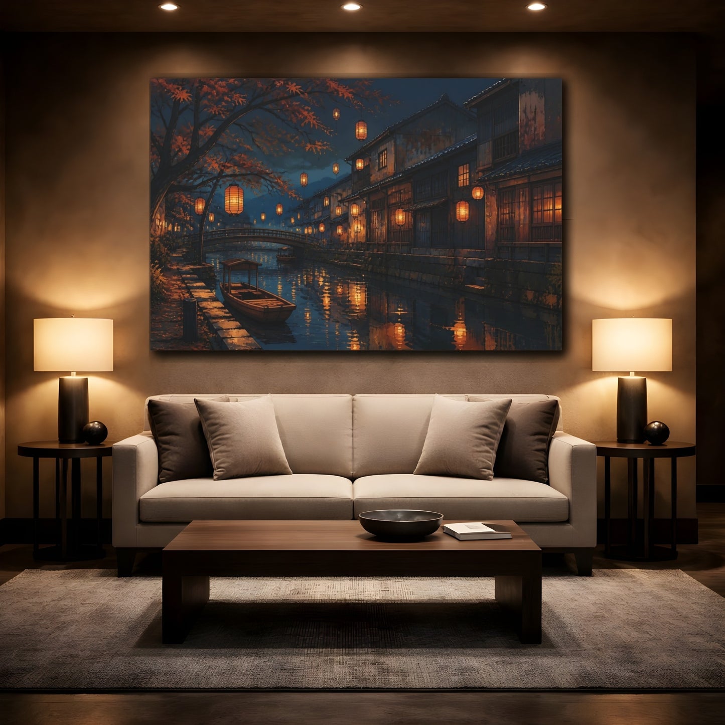 Mockup 2. Lanterns Over Quiet Canal shown as canvas print