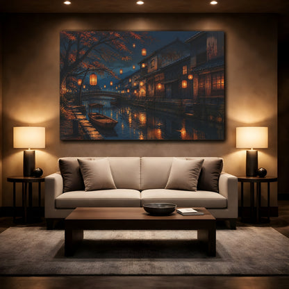 Mockup 2. Lanterns Over Quiet Canal shown as canvas print