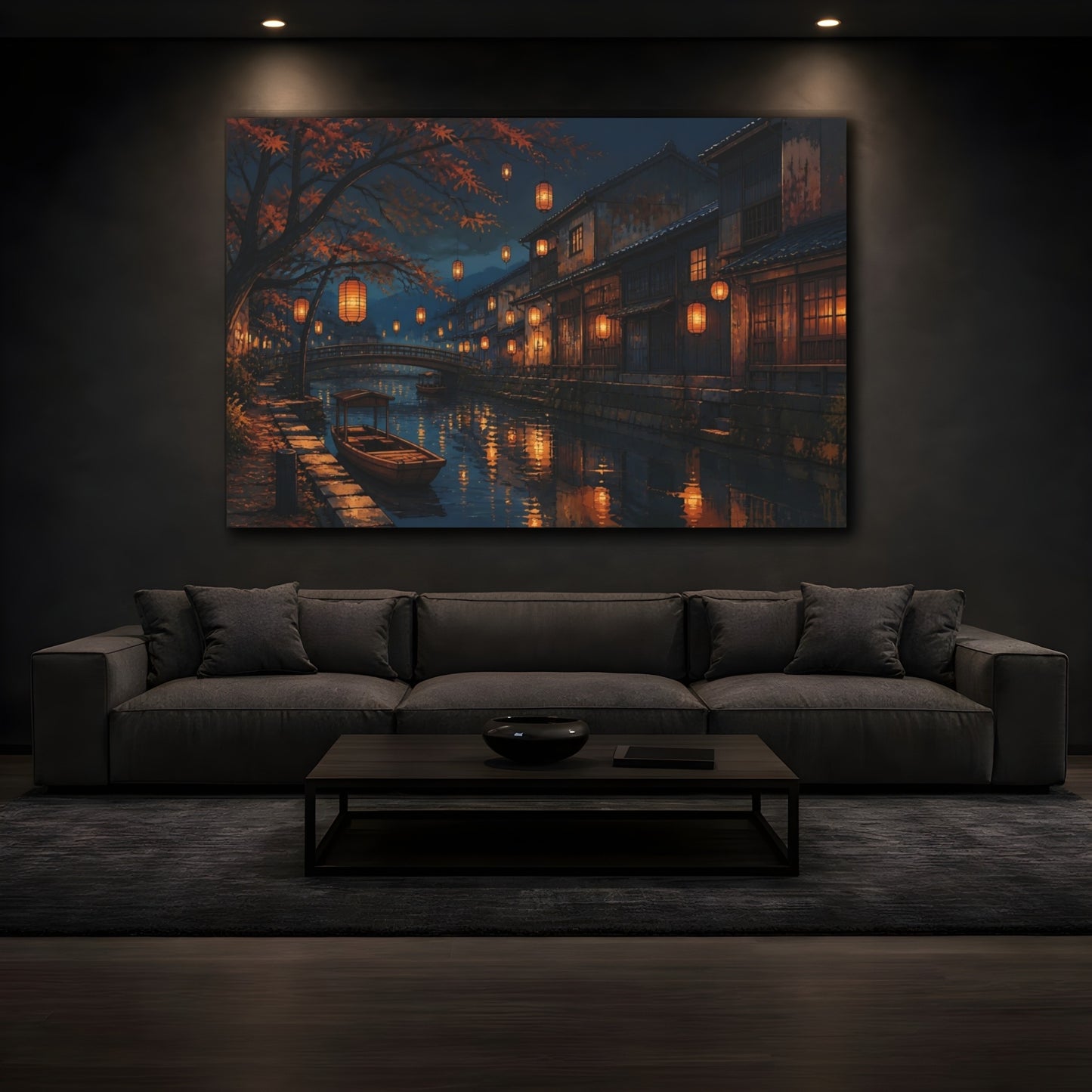Mockup 3. Lanterns Over Quiet Canal shown as canvas print