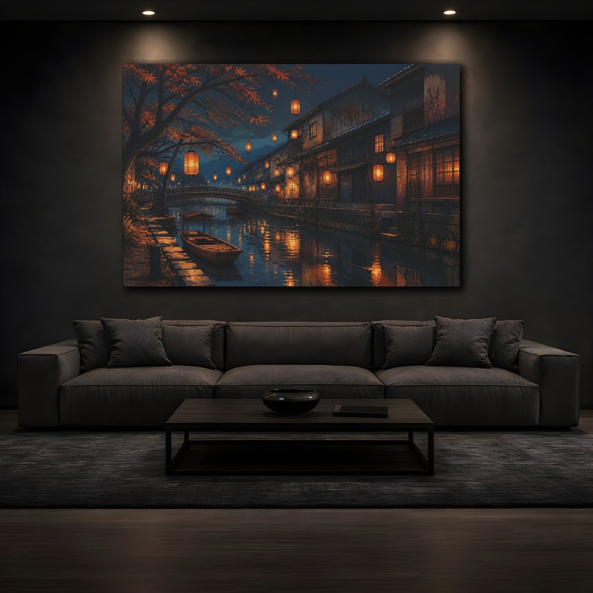 Mockup 3. Lanterns Over Quiet Canal shown as canvas print