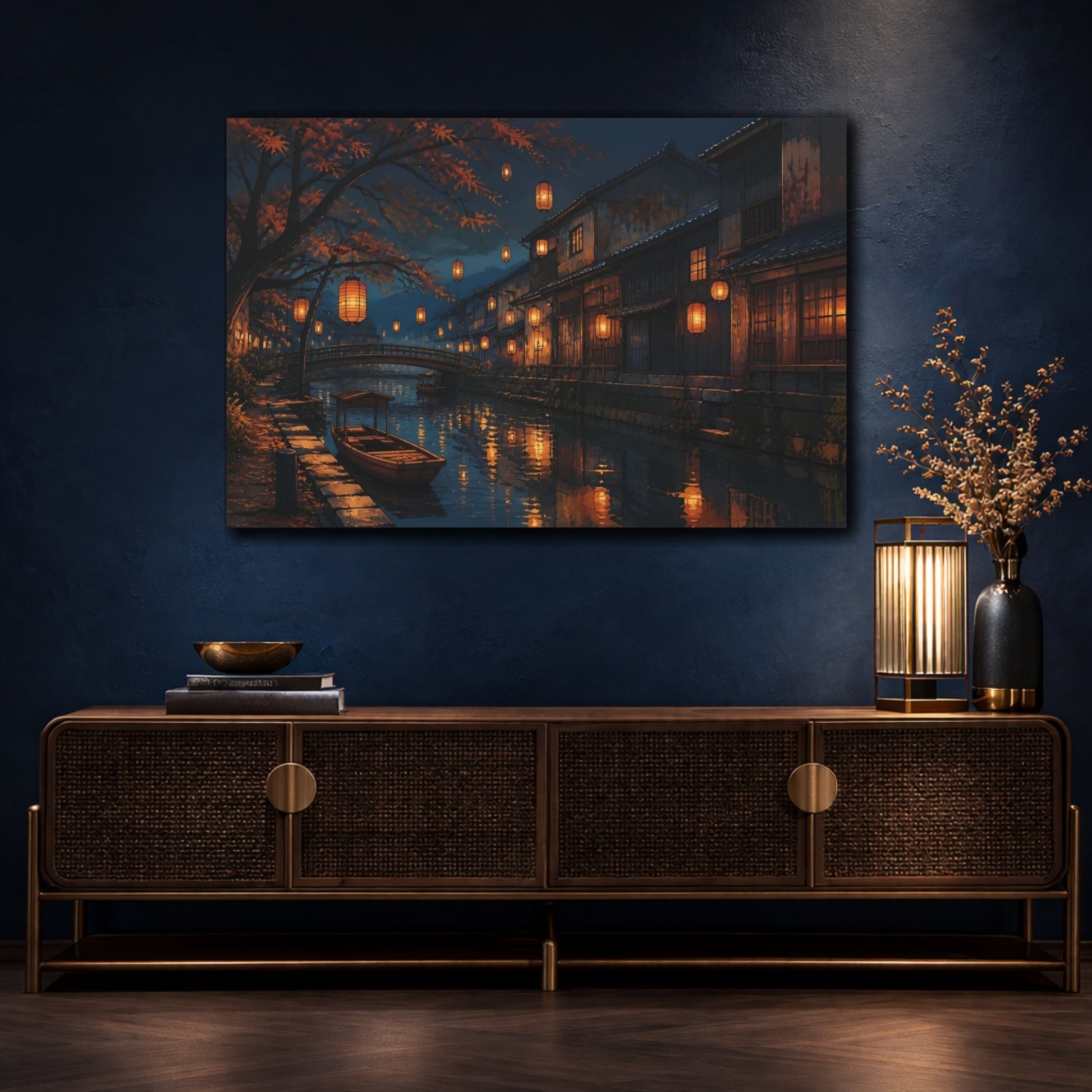 Mockup 4. Lanterns Over Quiet Canal shown as canvas print