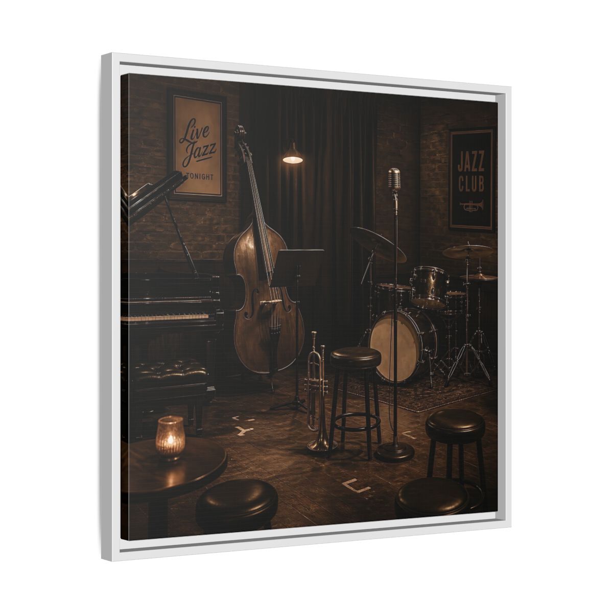 Side Mockup 26. Late Night Jazz Club shown as framed canvas print