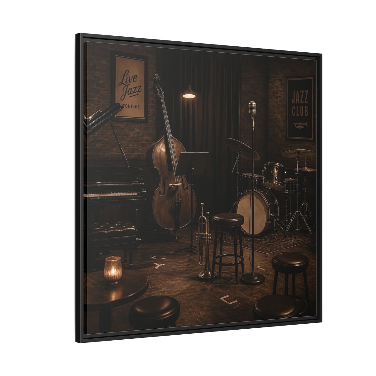 Side Mockup 6. Late Night Jazz Club shown as framed canvas print