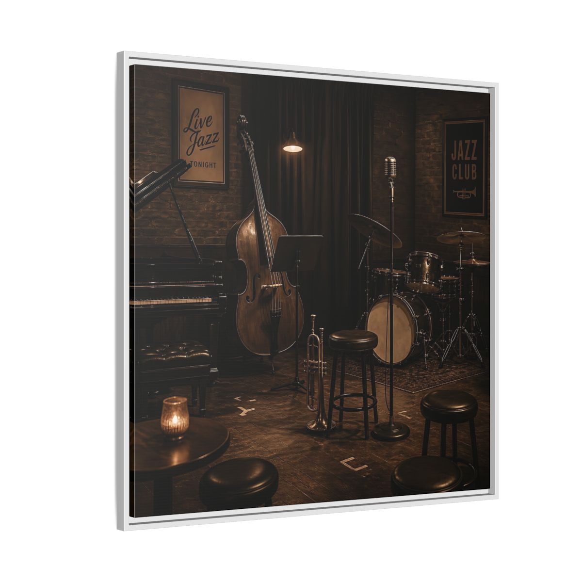 Side Mockup 4. Late Night Jazz Club shown as framed canvas print