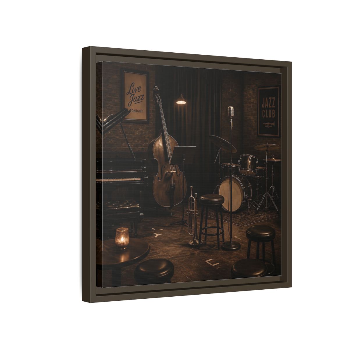 Side Mockup 14. Late Night Jazz Club shown as framed canvas print