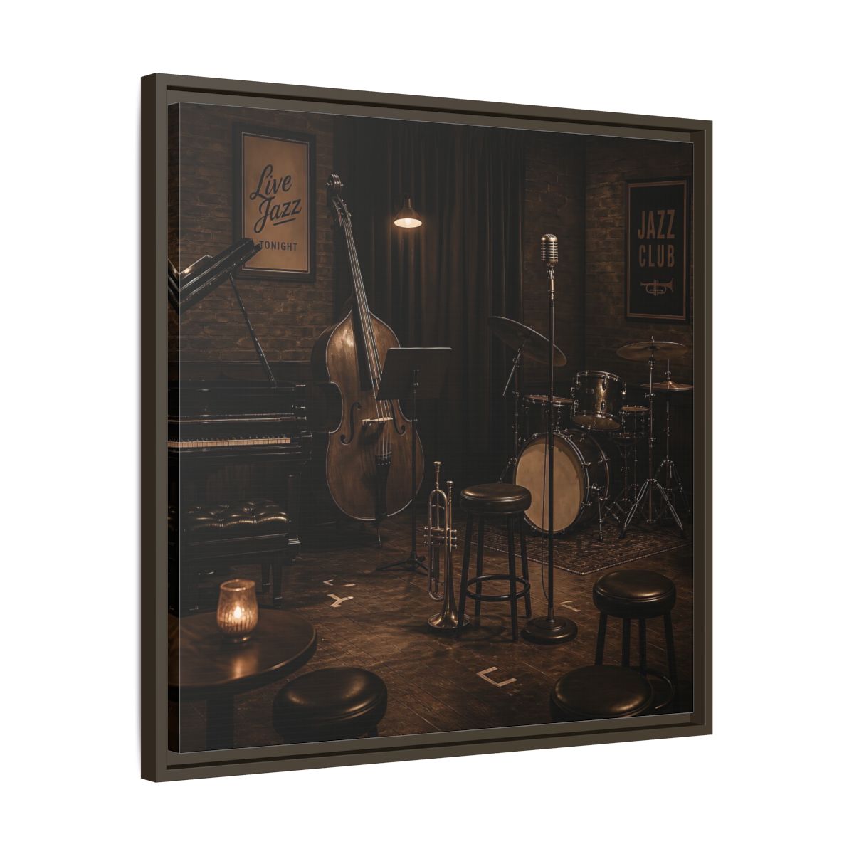 Side Mockup 27. Late Night Jazz Club shown as framed canvas print