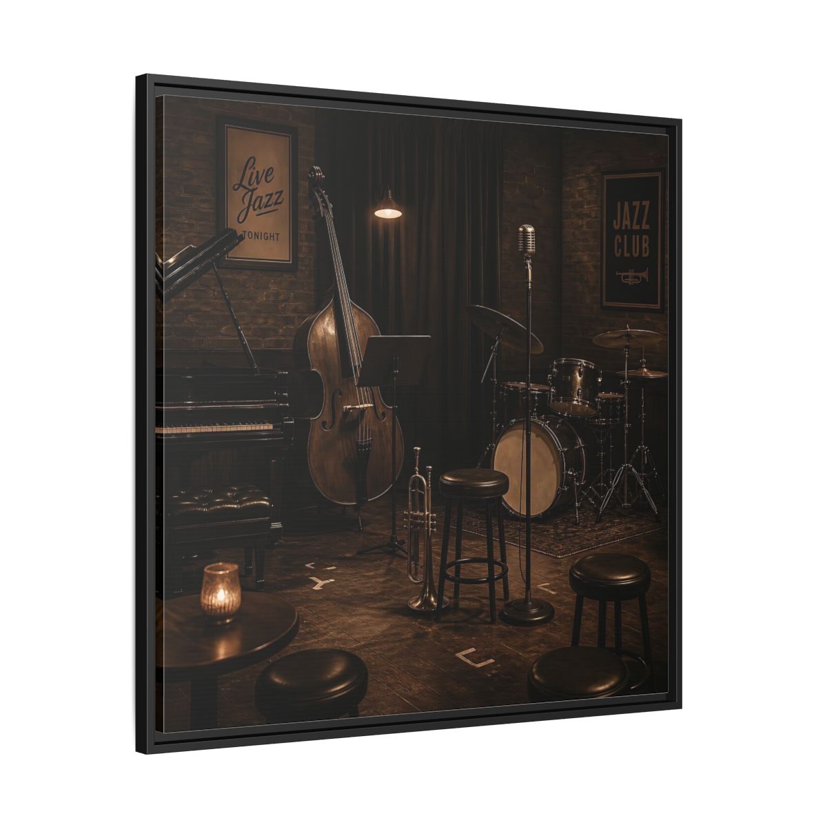 Side Mockup 30. Late Night Jazz Club shown as framed canvas print