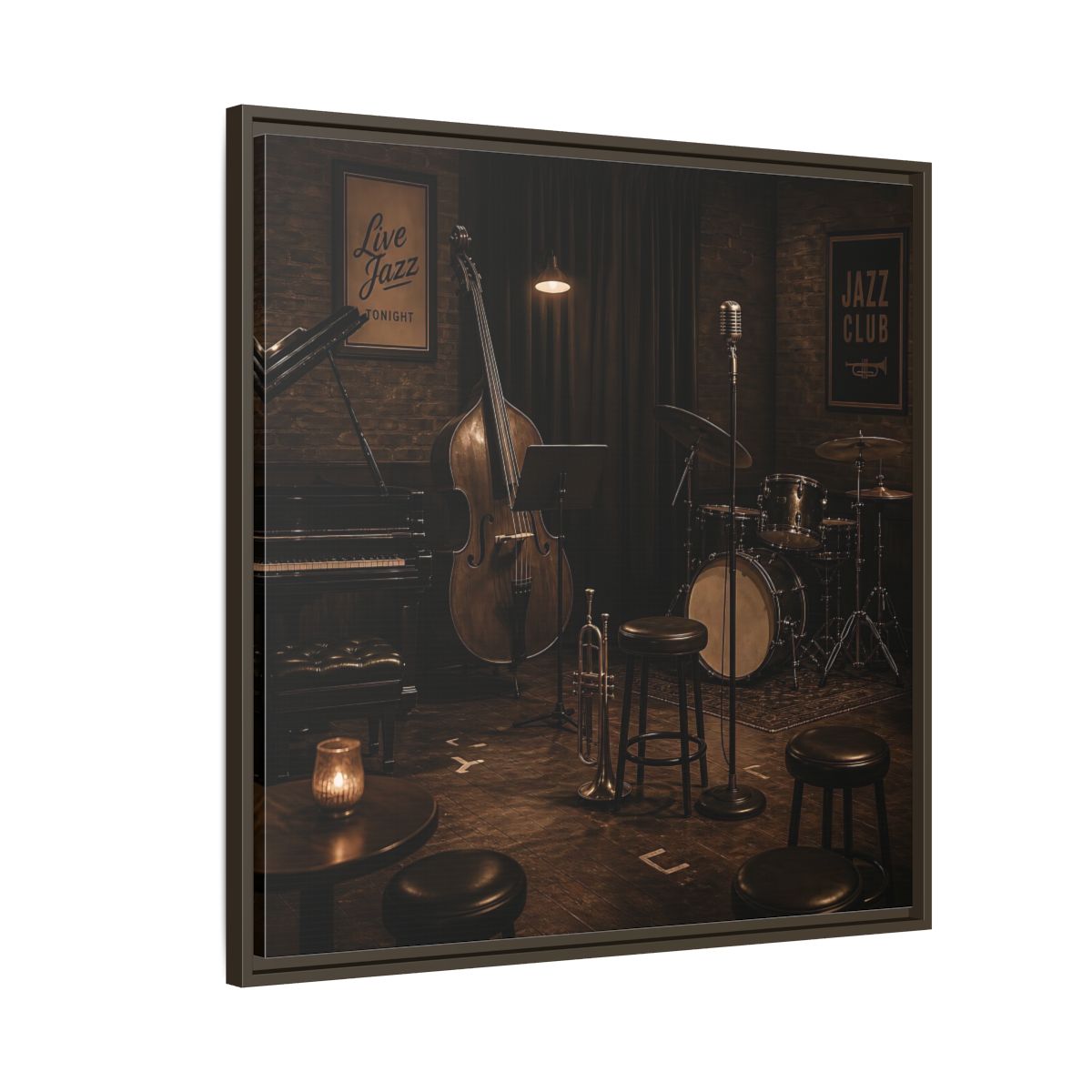 Side Mockup 8. Late Night Jazz Club shown as framed canvas print
