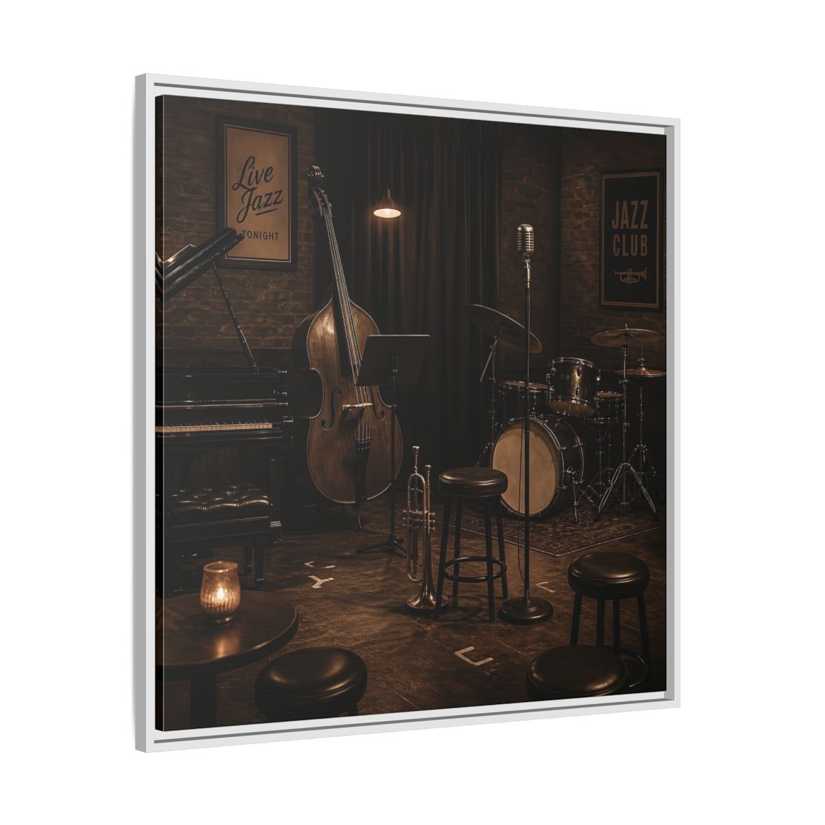 Side Mockup 25. Late Night Jazz Club shown as framed canvas print