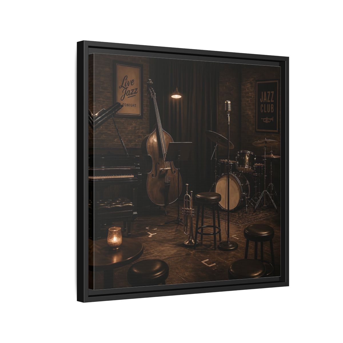 Side Mockup 12. Late Night Jazz Club shown as framed canvas print