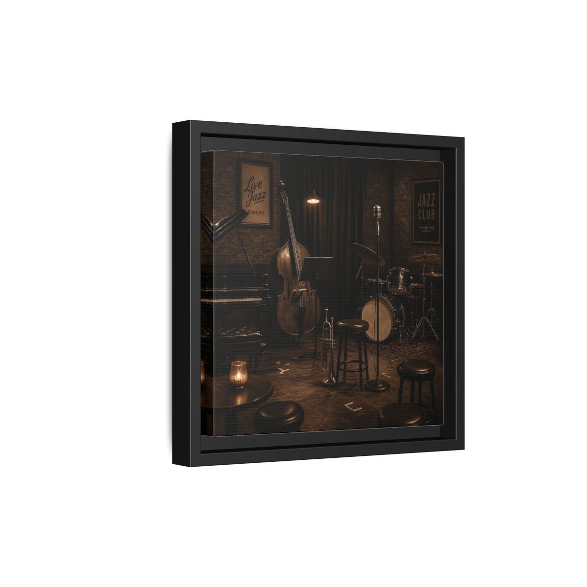 Side Mockup 21. Late Night Jazz Club shown as framed canvas print