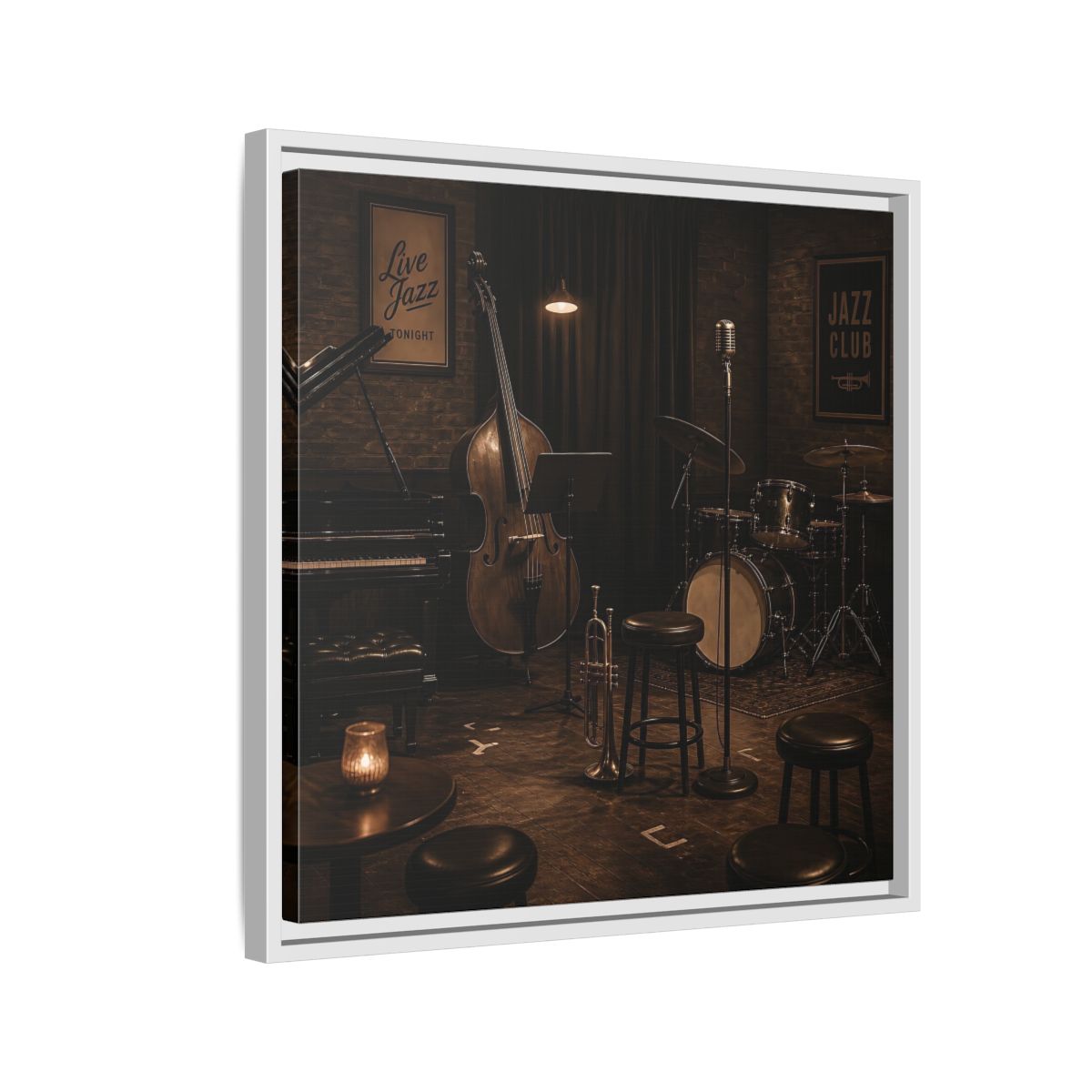 Side Mockup 10. Late Night Jazz Club shown as framed canvas print