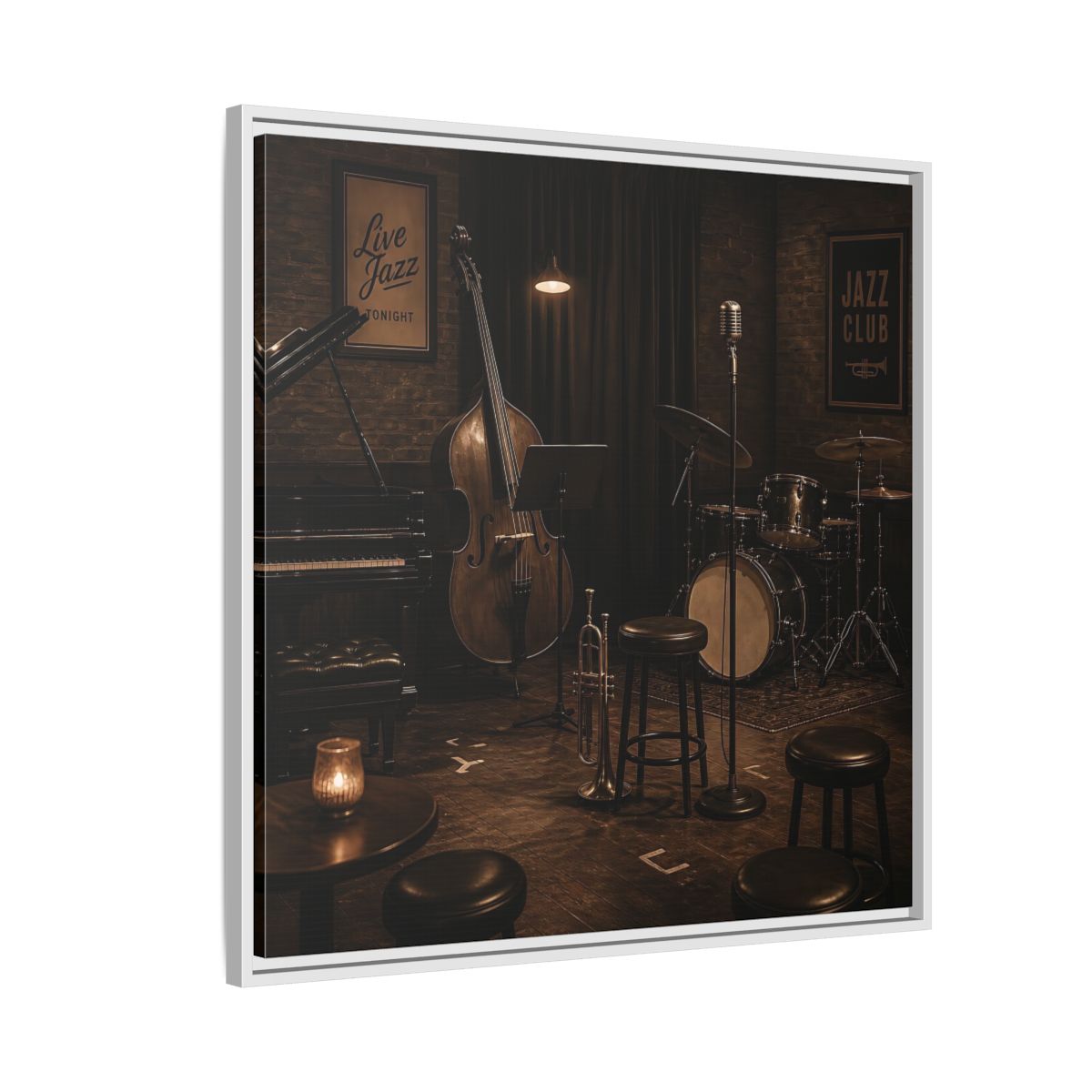 Side Mockup 7. Late Night Jazz Club shown as framed canvas print