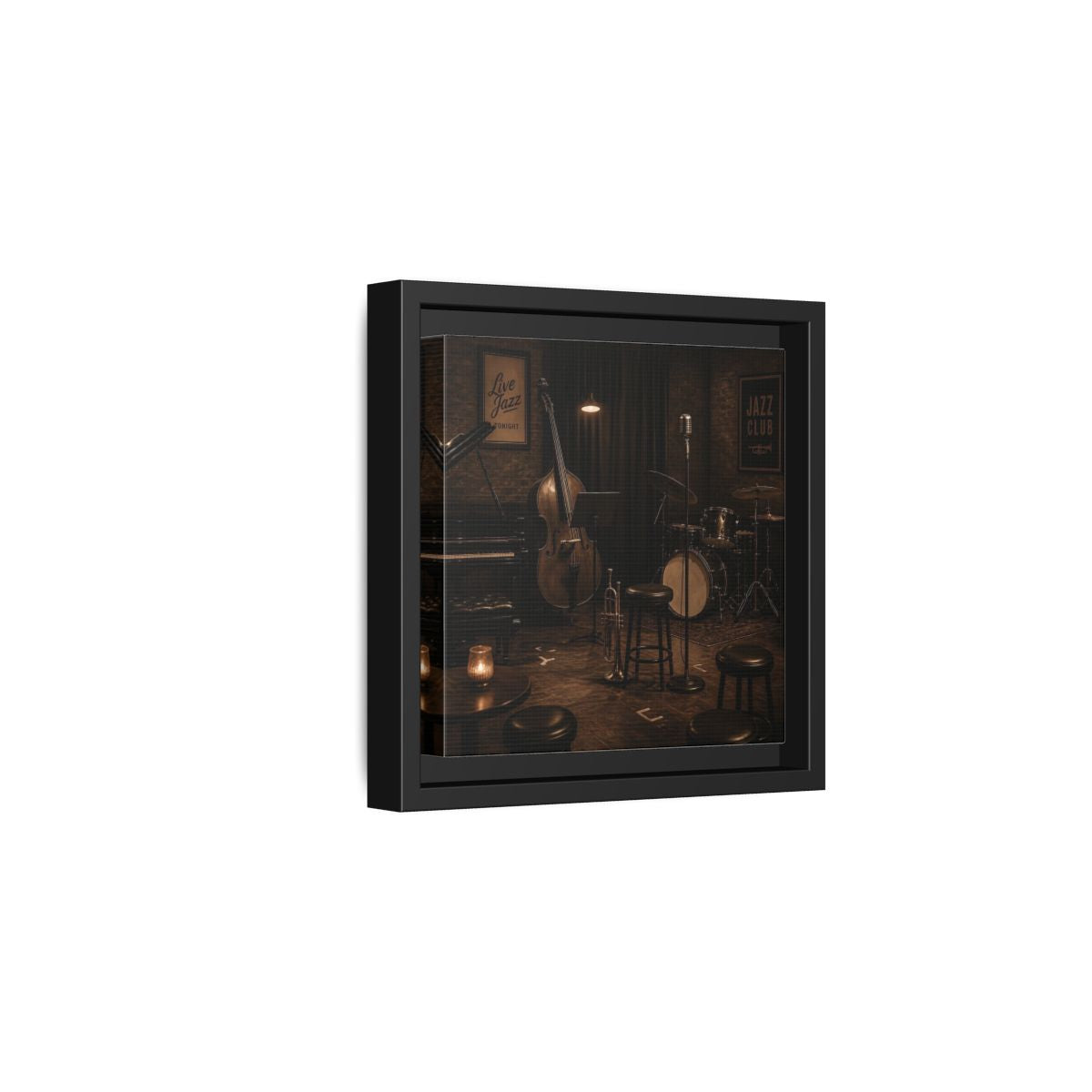 Side Mockup 3. Late Night Jazz Club shown as framed canvas print