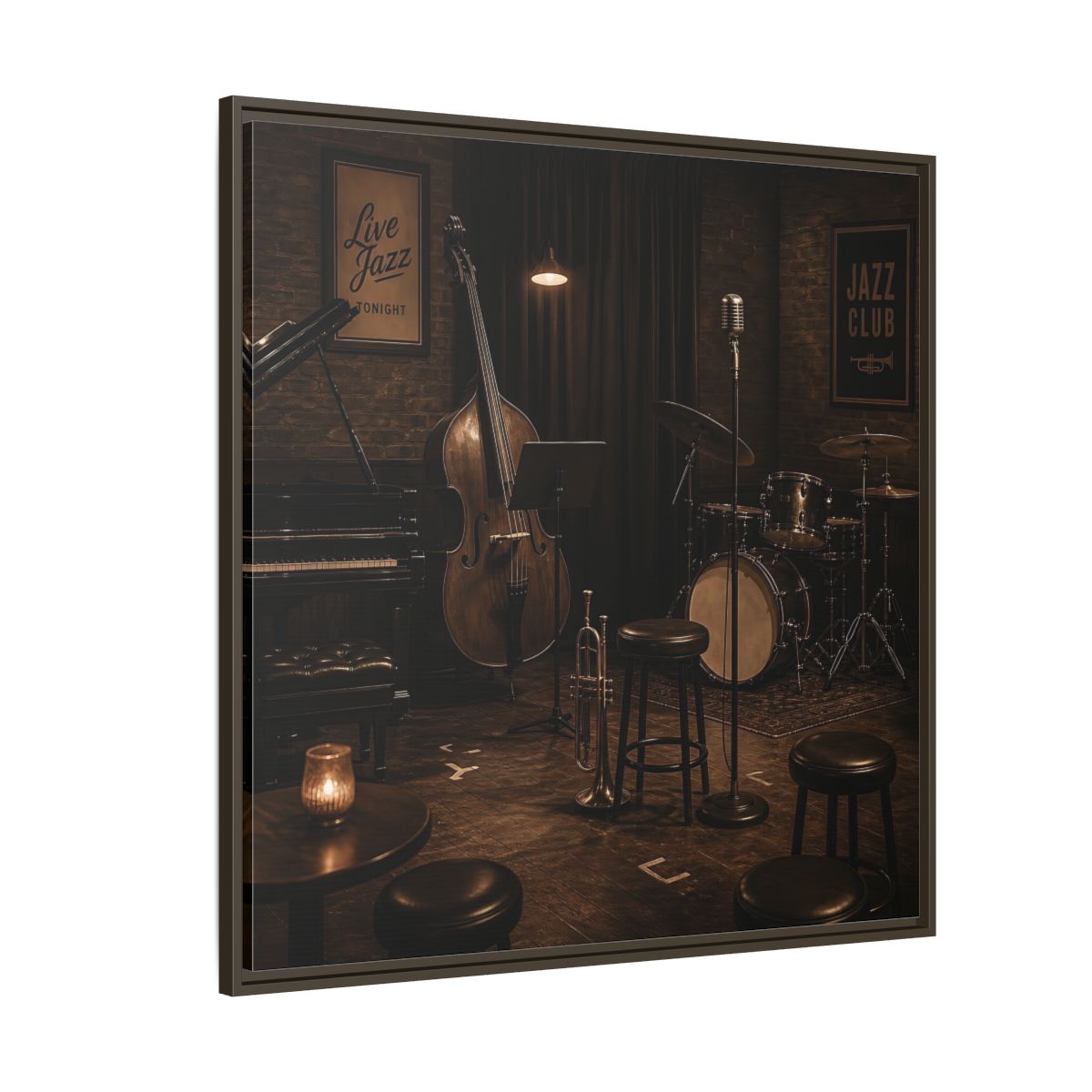 Side Mockup 5. Late Night Jazz Club shown as framed canvas print