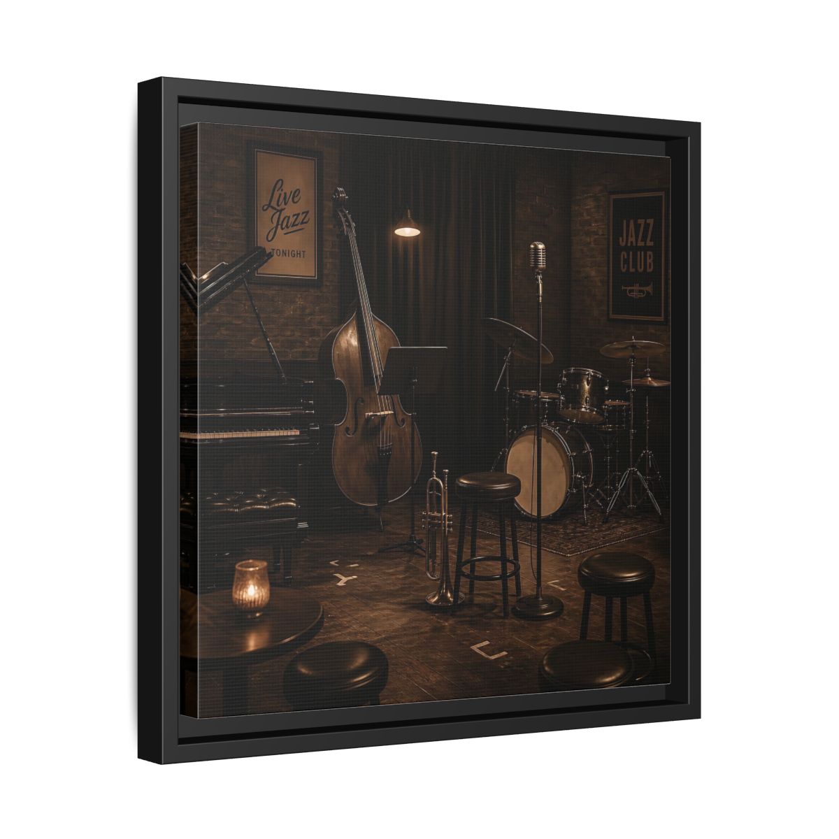 Side Mockup 32. Late Night Jazz Club shown as framed canvas print