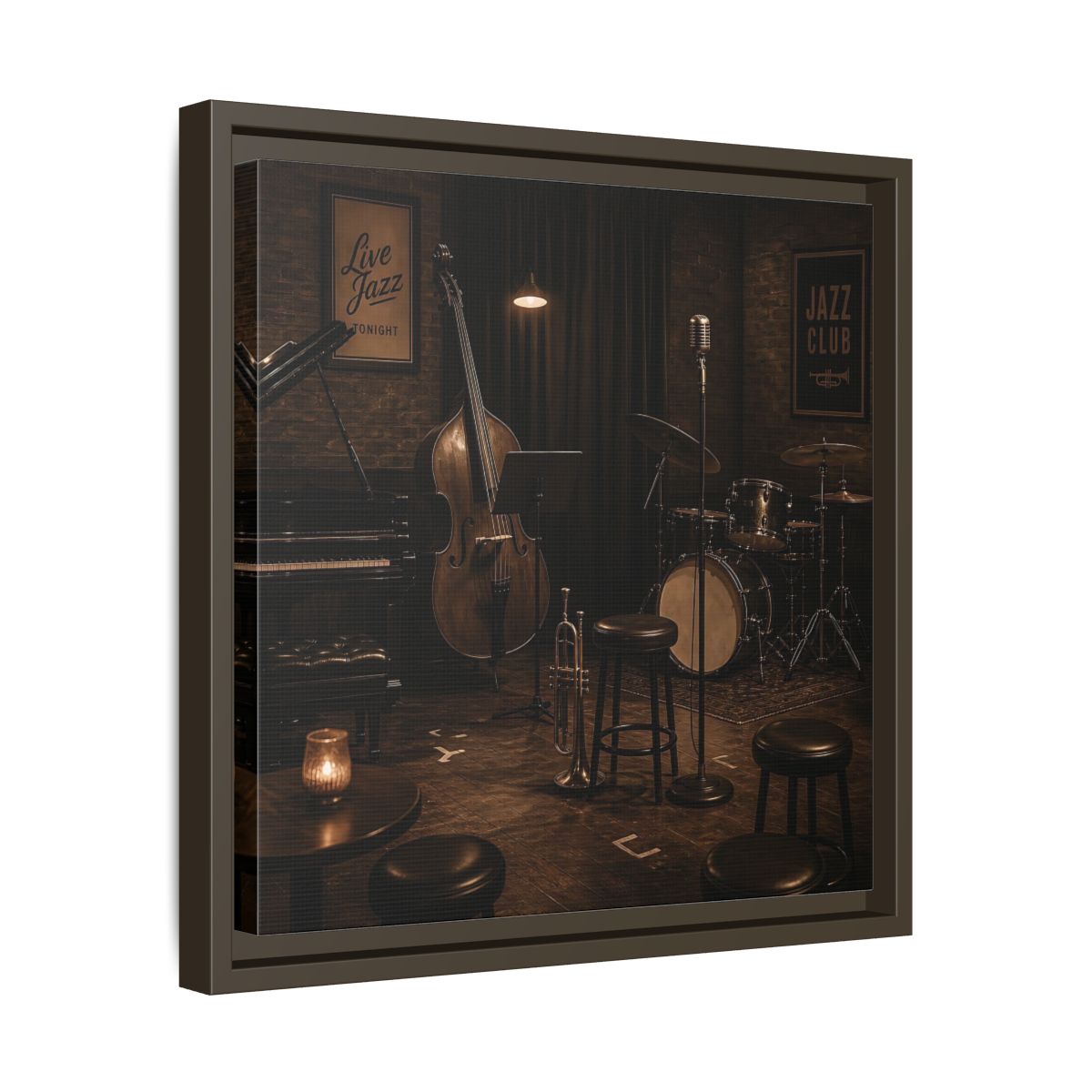 Side Mockup 29. Late Night Jazz Club shown as framed canvas print