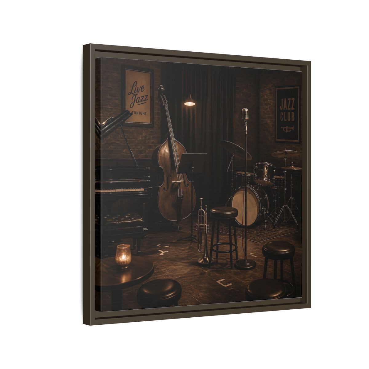 Side Mockup 11. Late Night Jazz Club shown as framed canvas print