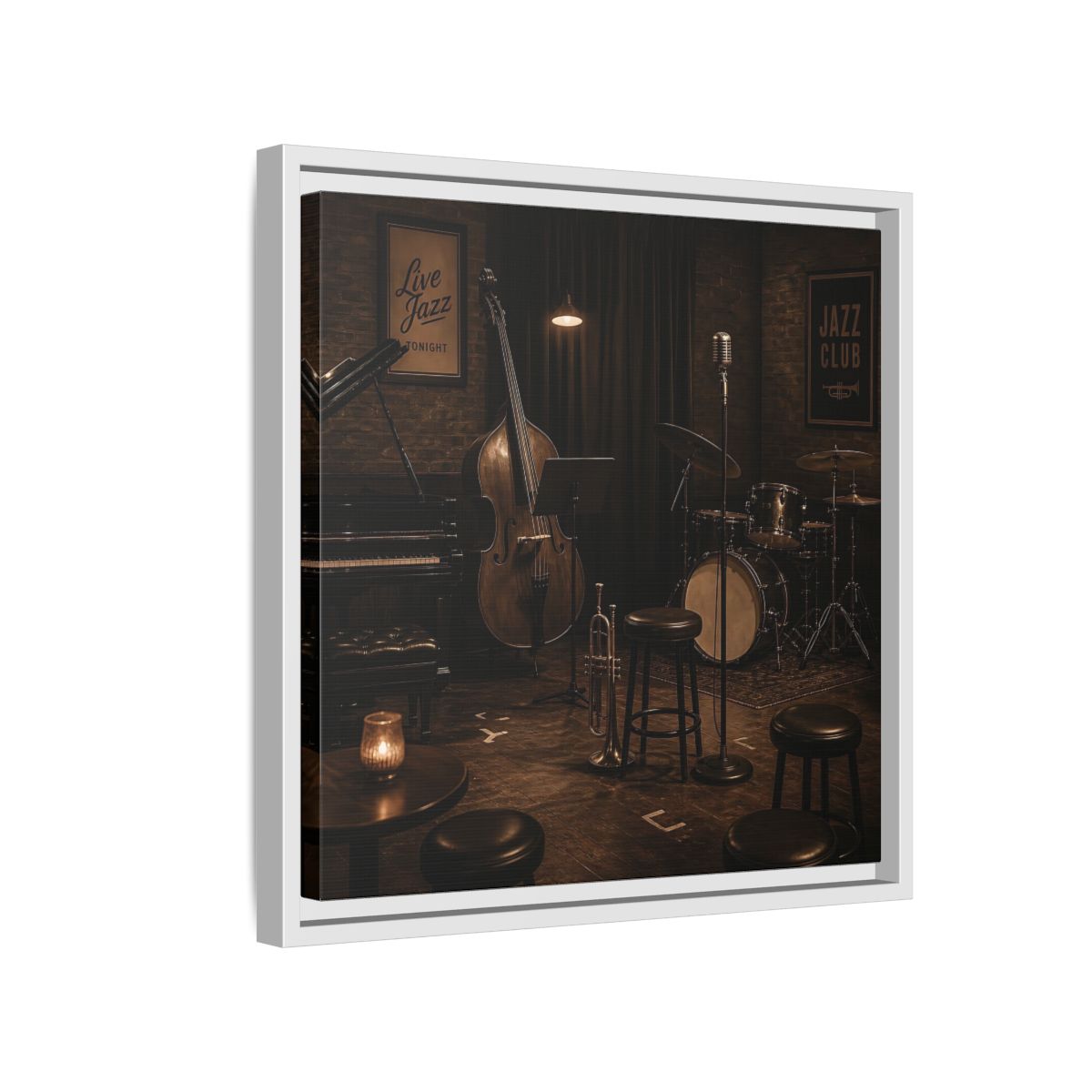 Side Mockup 13. Late Night Jazz Club shown as framed canvas print
