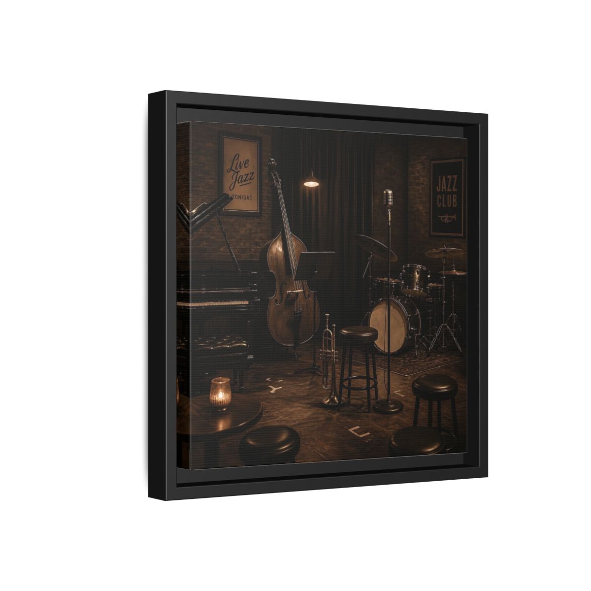 Side Mockup 18. Late Night Jazz Club shown as framed canvas print