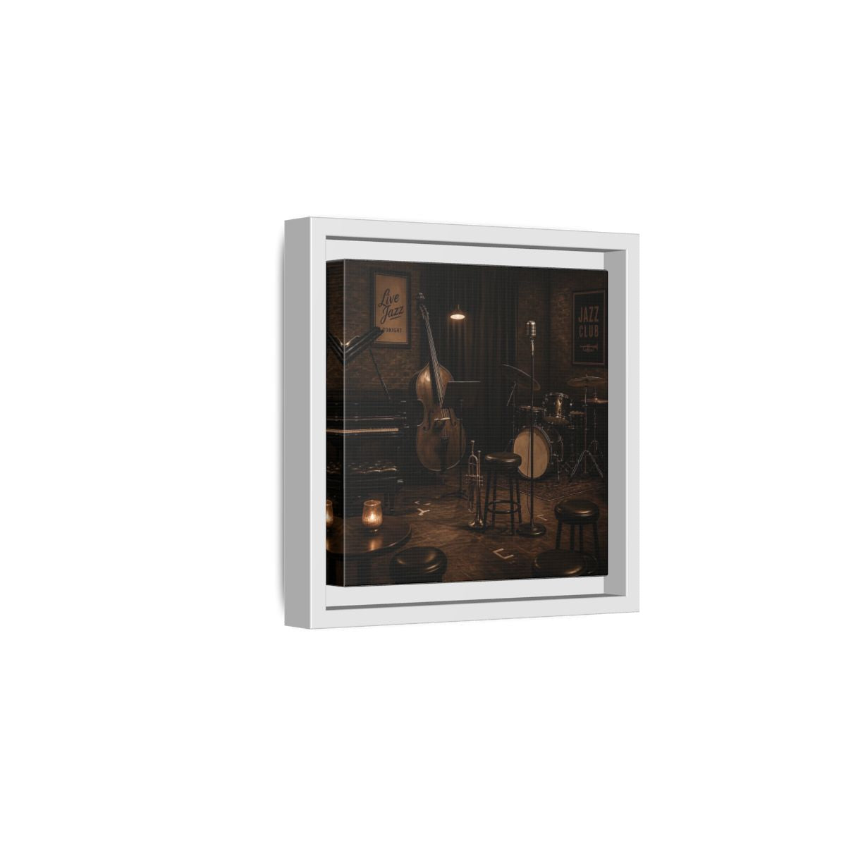 Side Mockup 1. Late Night Jazz Club shown as framed canvas print