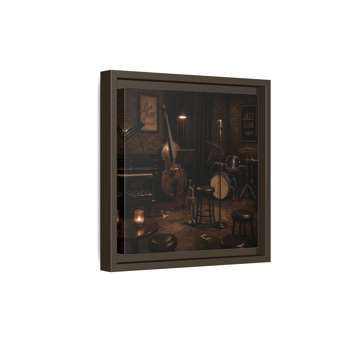 Side Mockup 20. Late Night Jazz Club shown as framed canvas print