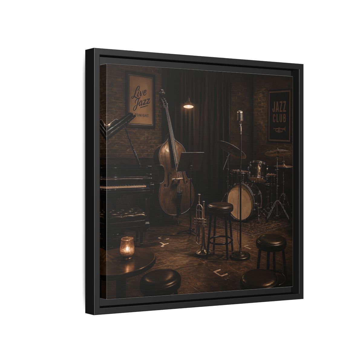 Side Mockup 15. Late Night Jazz Club shown as framed canvas print