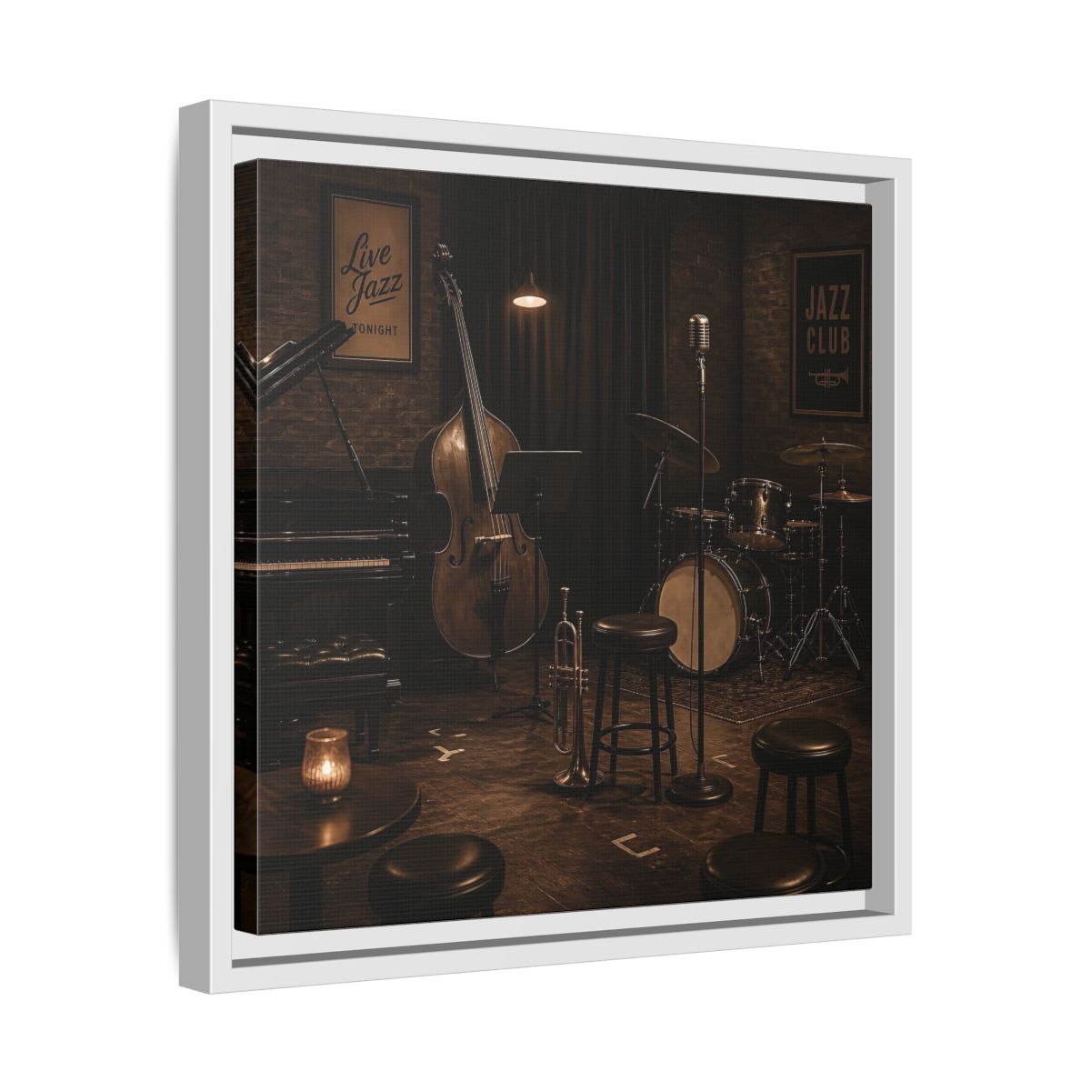 Side Mockup 28. Late Night Jazz Club shown as framed canvas print