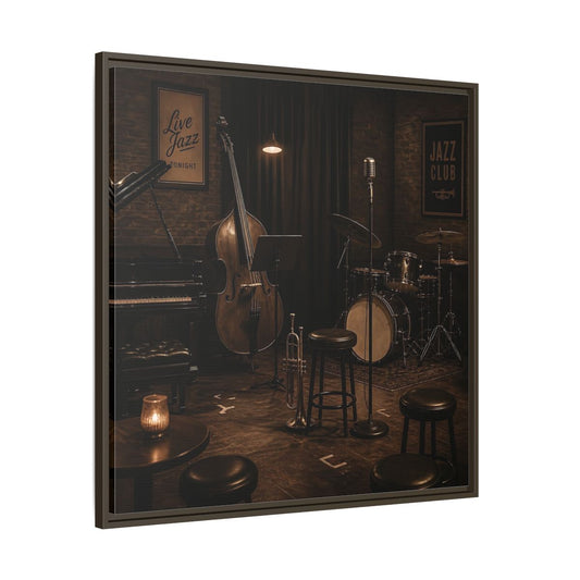 Main Mockup. Late Night Jazz Club shown as framed canvas print