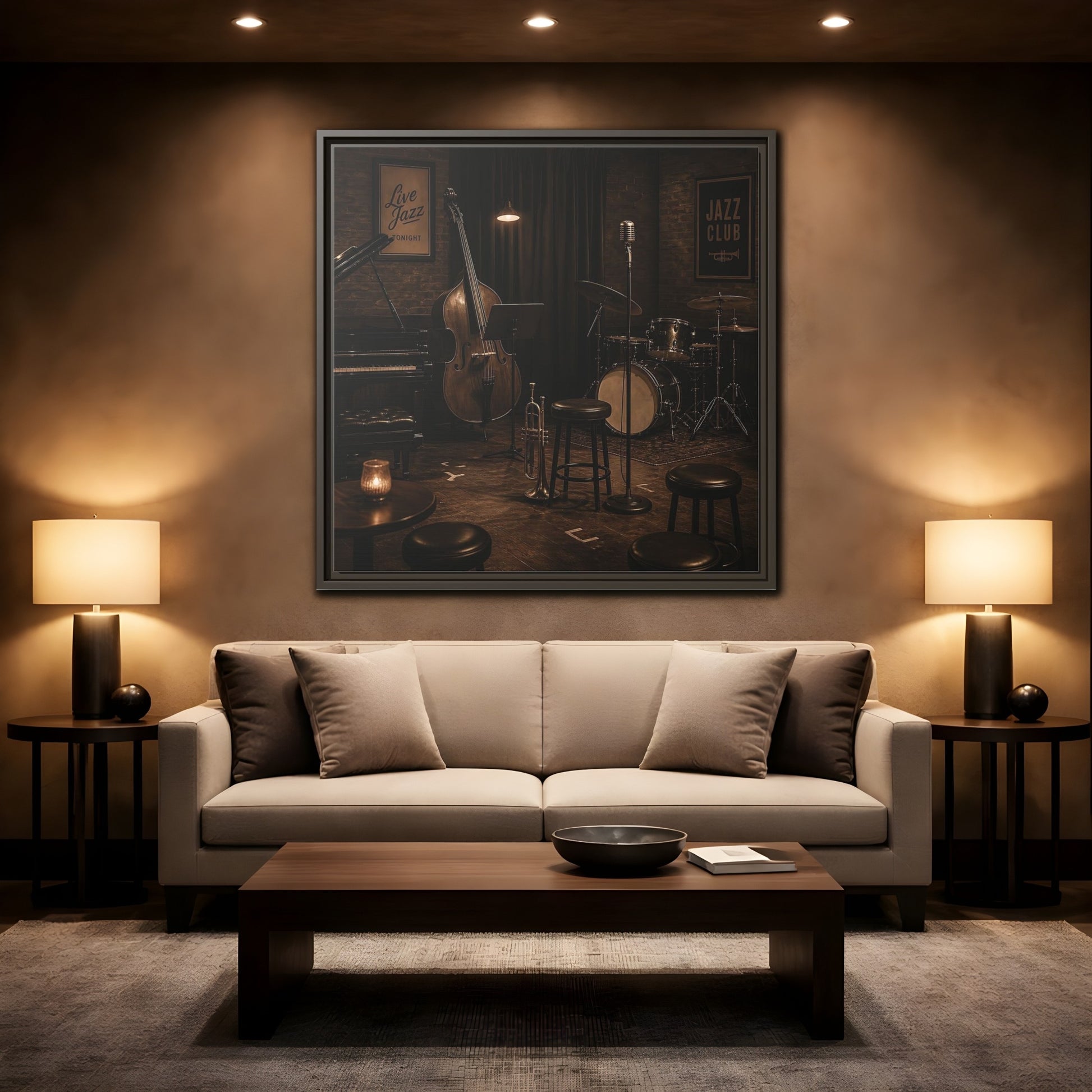 Mockup 2. Late Night Jazz Club shown as framed canvas print