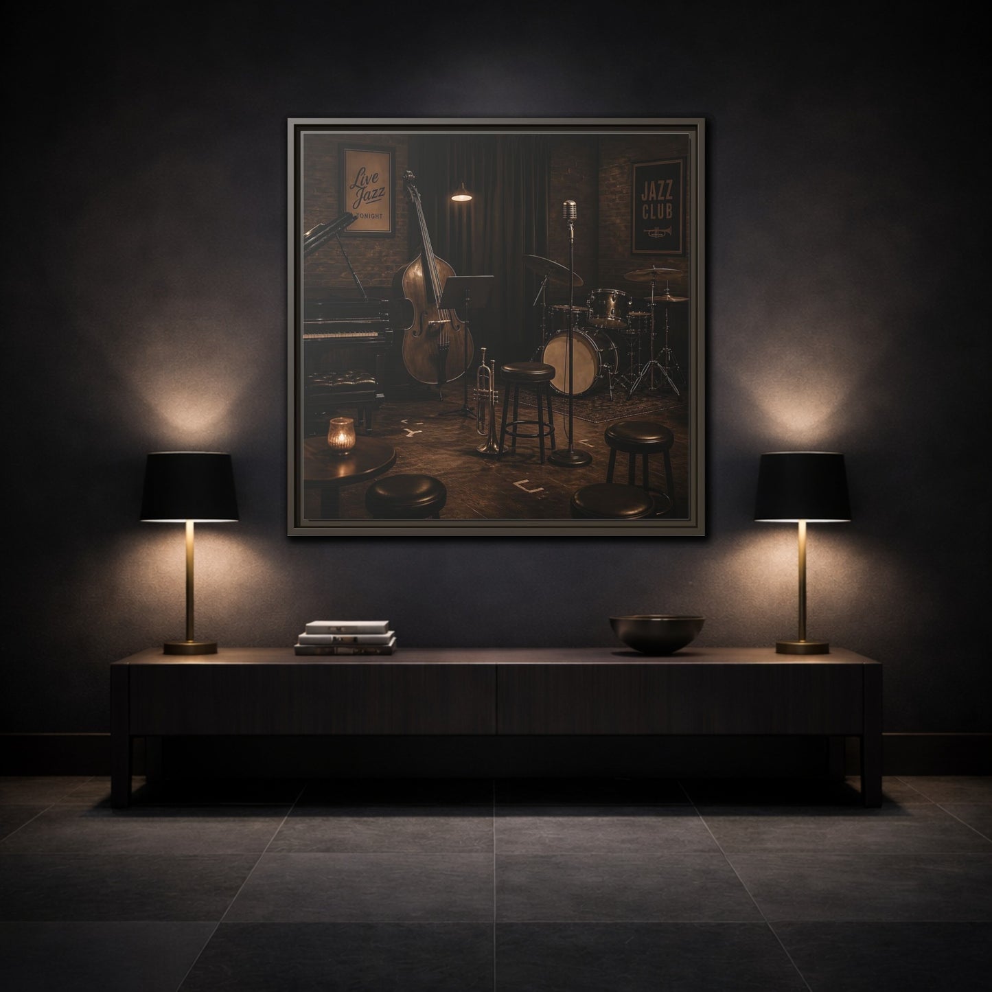 Mockup 3. Late Night Jazz Club shown as framed canvas print