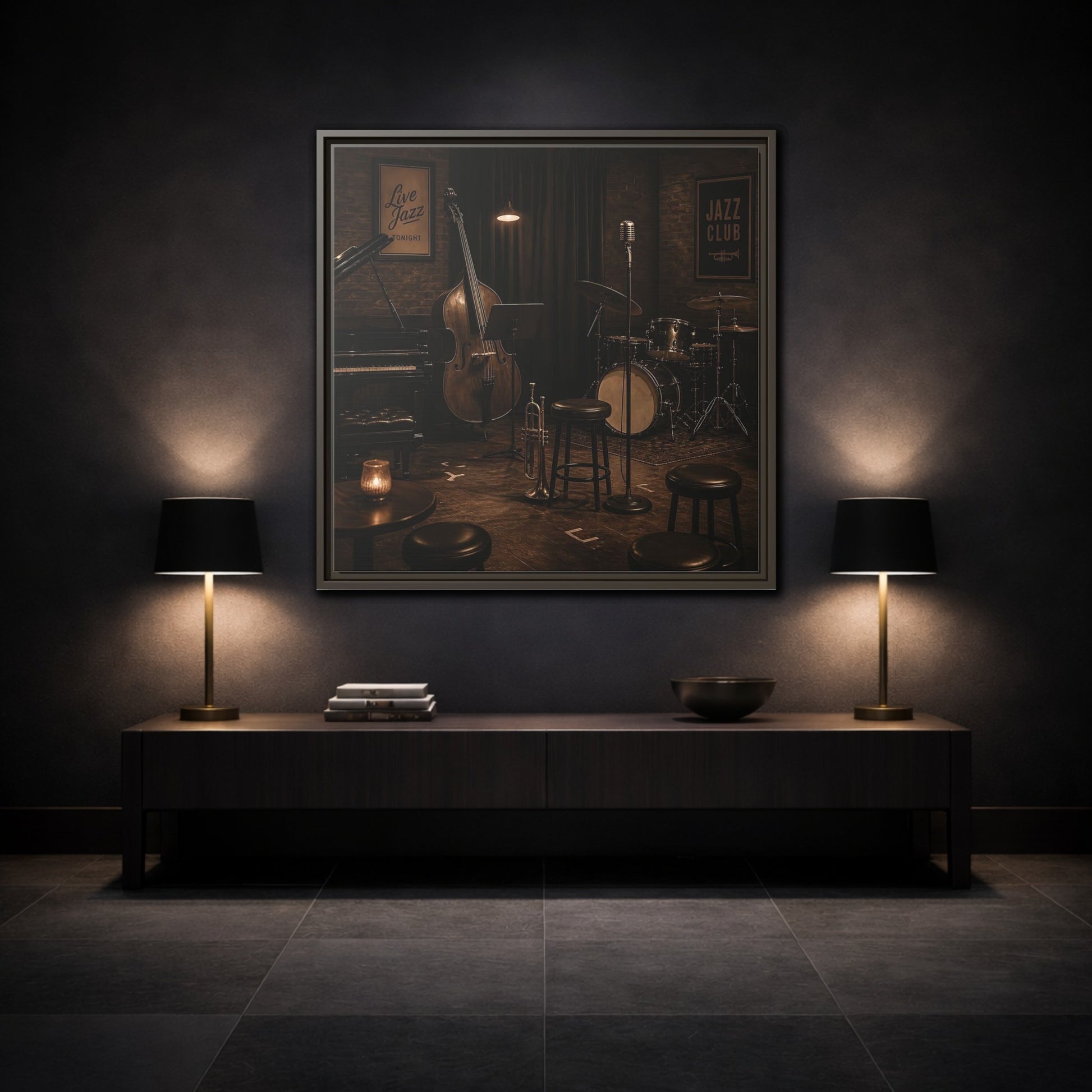 Mockup 3. Late Night Jazz Club shown as framed canvas print