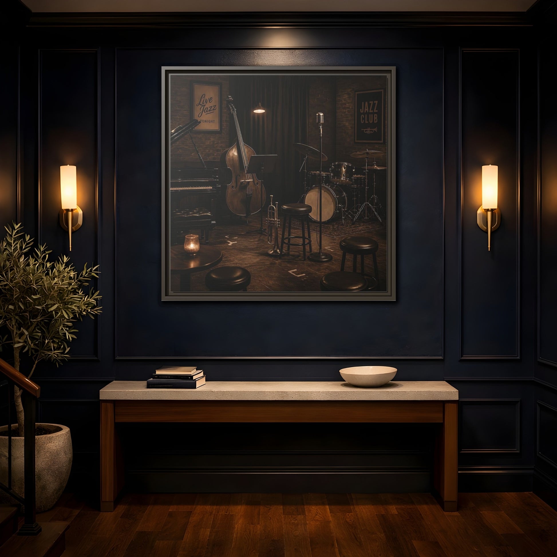 Mockup 4. Late Night Jazz Club shown as framed canvas print
