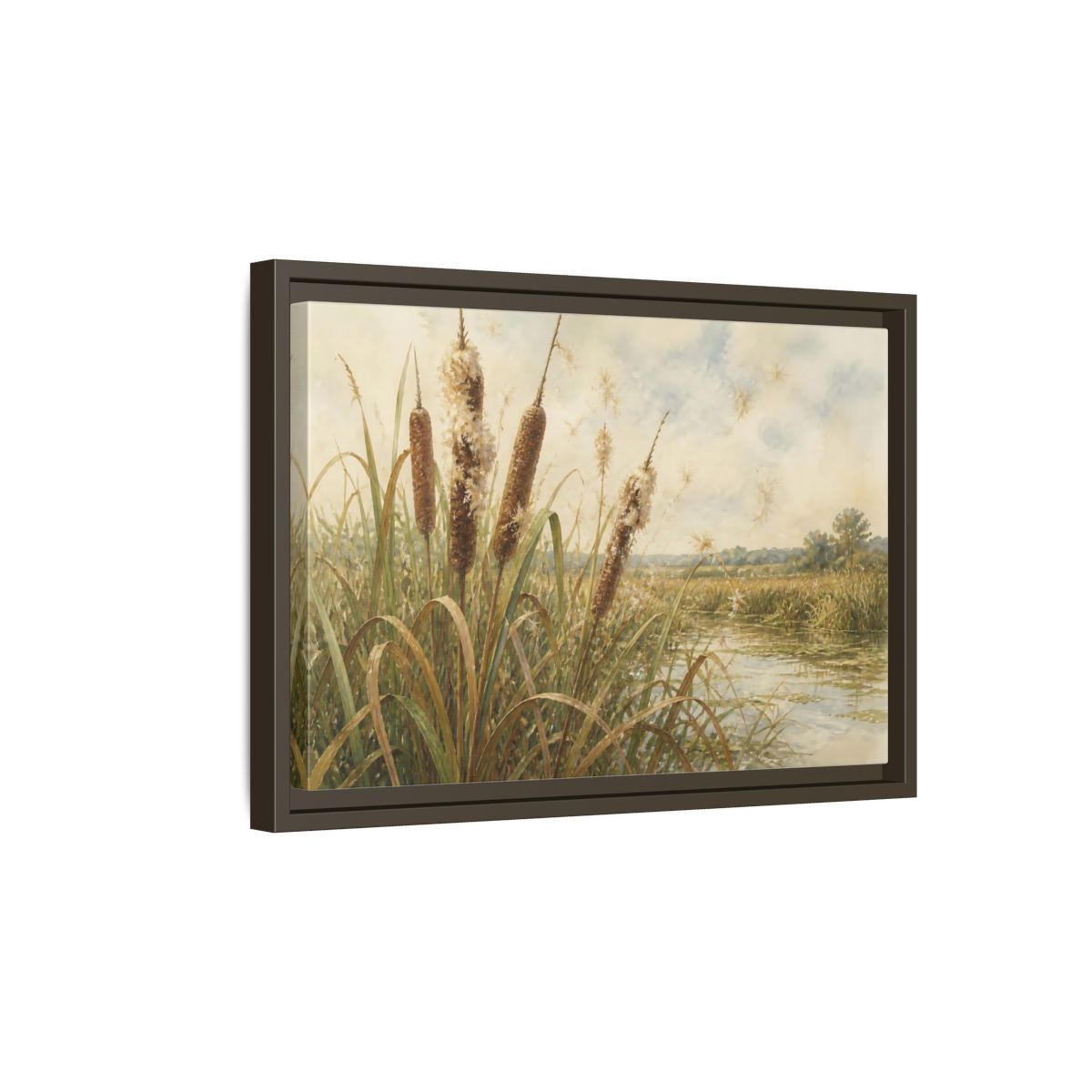 Side Mockup 5. Late-Summer Cattails shown as framed canvas print