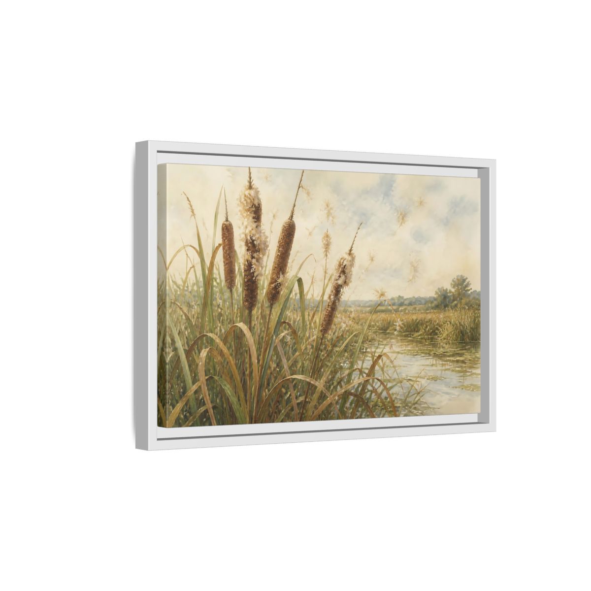 Side Mockup 4. Late-Summer Cattails shown as framed canvas print
