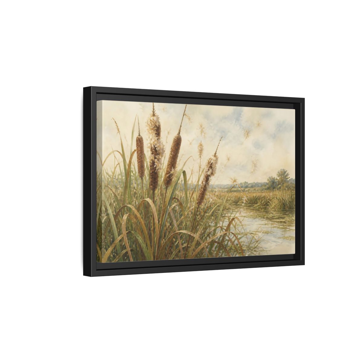 Side Mockup 6. Late-Summer Cattails shown as framed canvas print