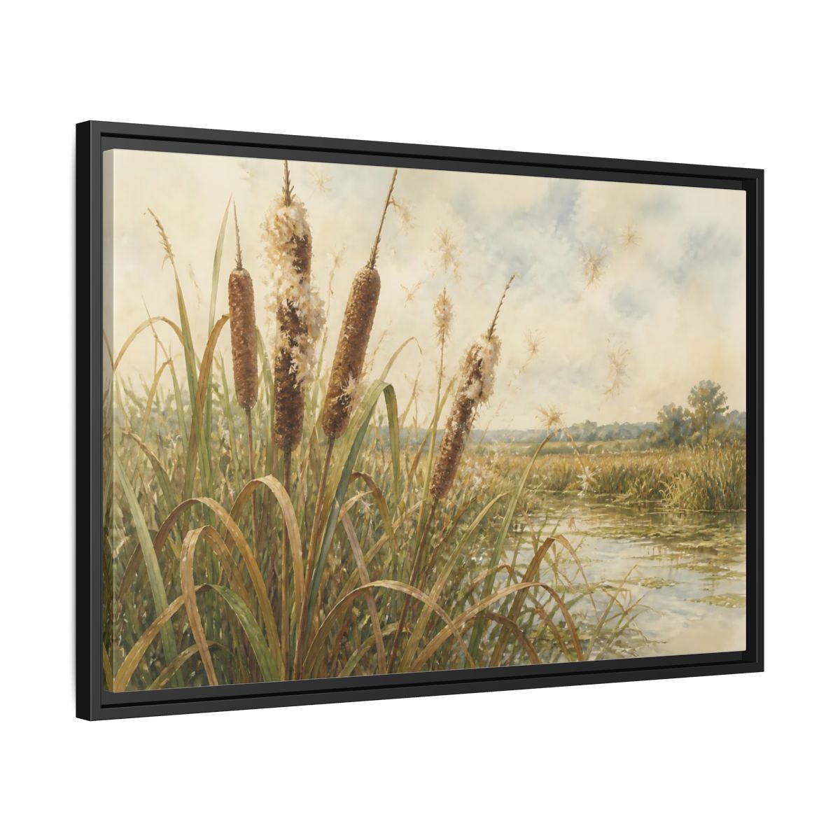 Side Mockup 14. Late-Summer Cattails shown as framed canvas print