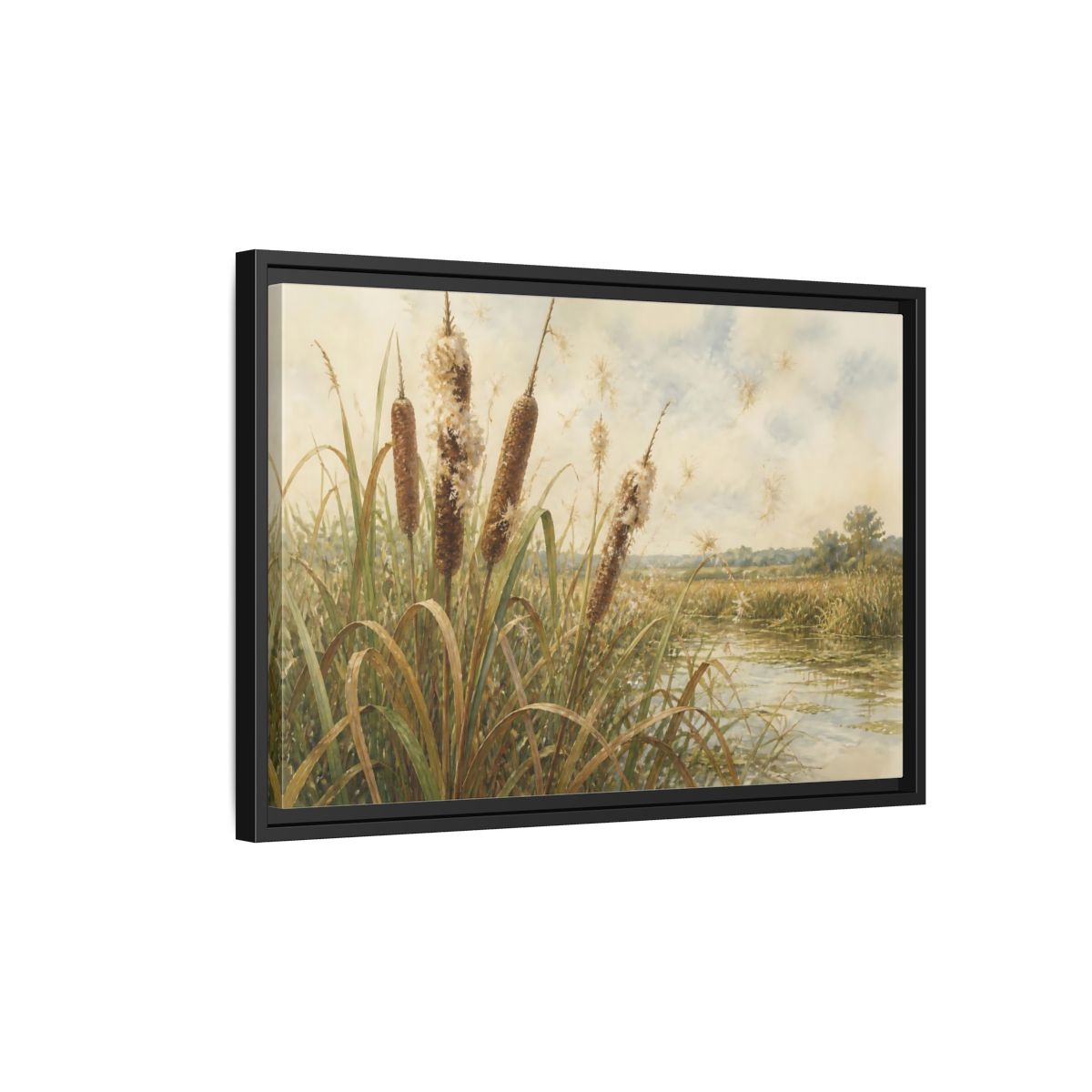 Side Mockup 3. Late-Summer Cattails shown as framed canvas print