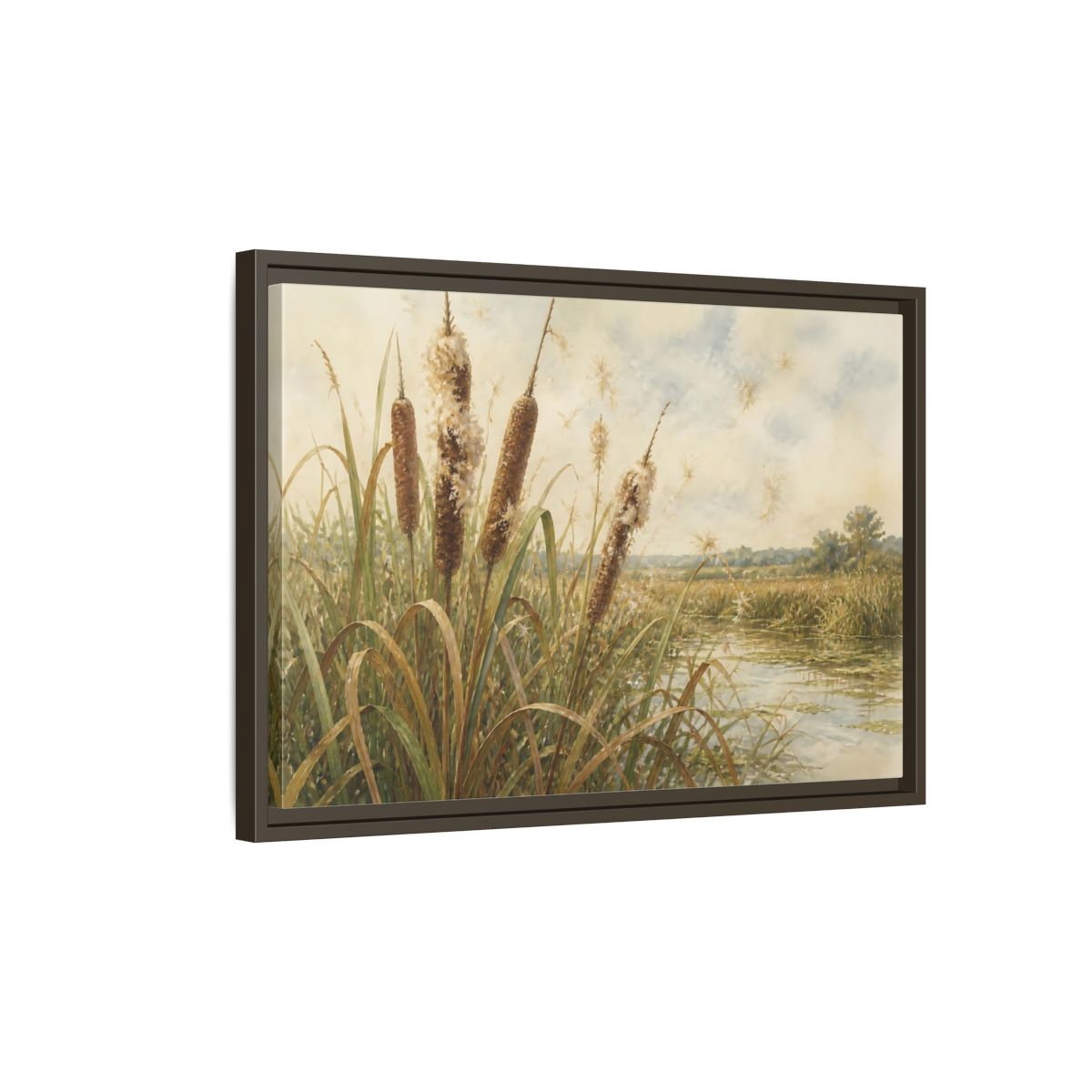 Side Mockup 2. Late-Summer Cattails shown as framed canvas print